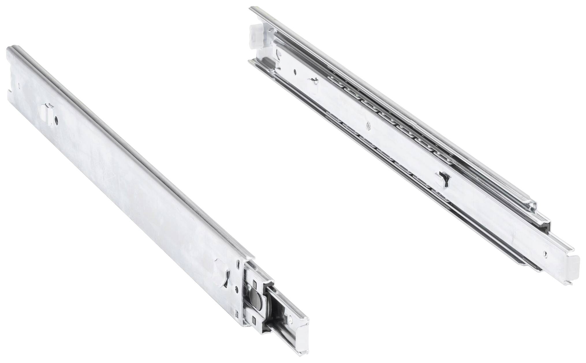 Two metal telescopic drawer runners, extendable, with ball bearings for smooth opening and closing.