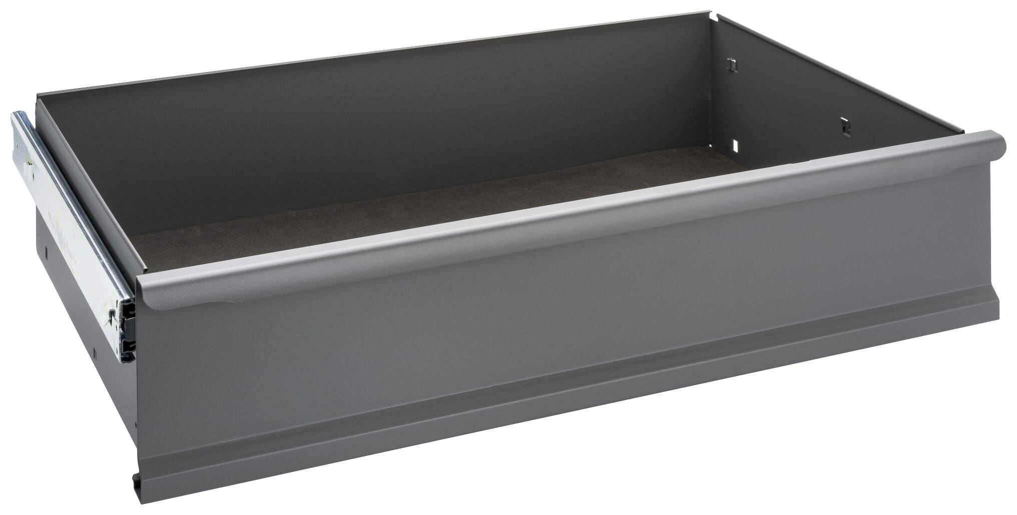 Grey metal drawer, rectangular and without handles, suitable for furniture installation in the kitchen or office.