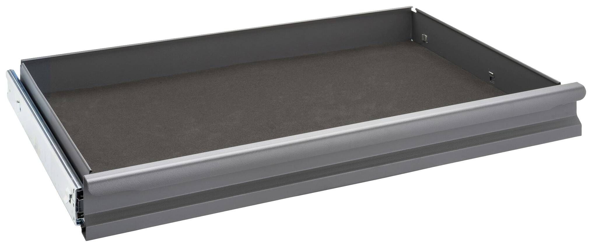 Metal drawer insert in grey, slightly open. Ideal for storing tools or small parts.