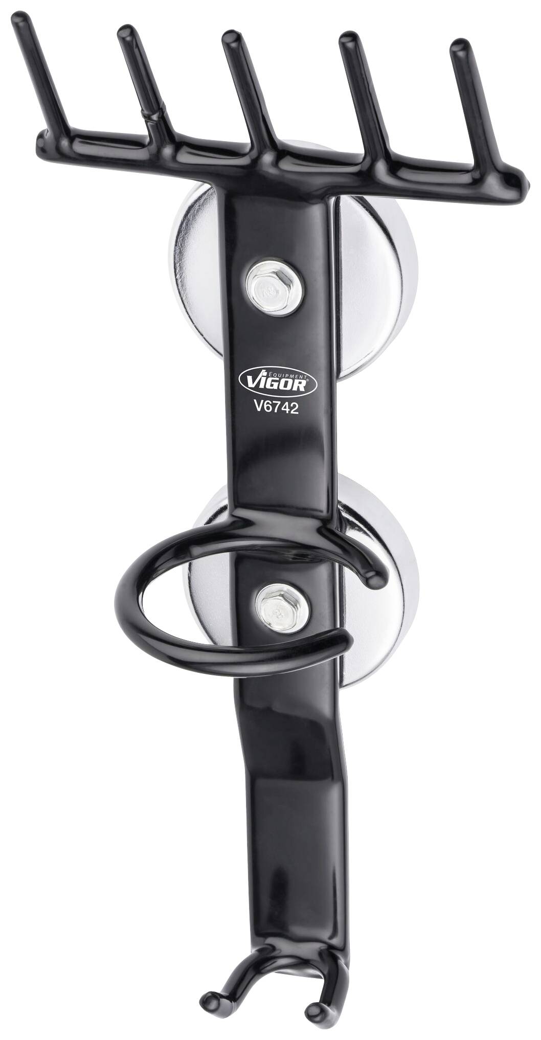Black hook holder with five arms and two suction cups, brand Vigor, model V6742. Suitable for storing tools or accessories.