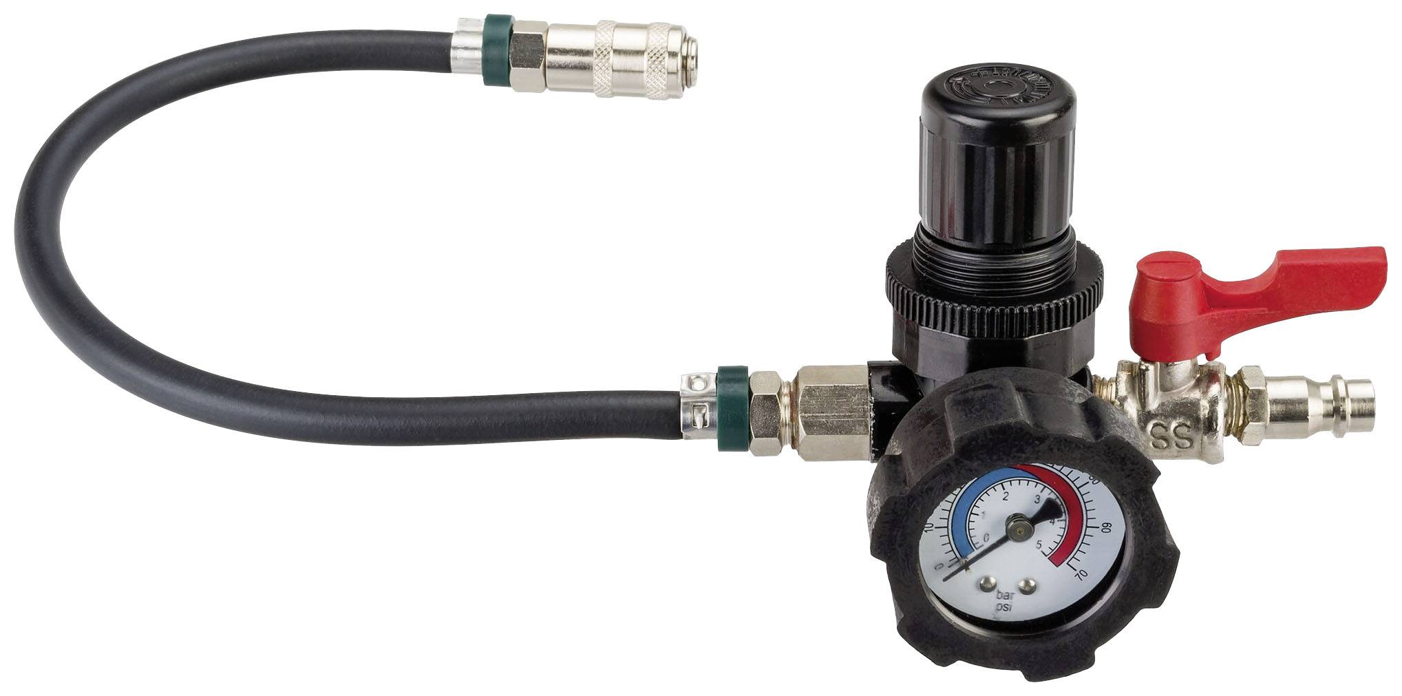 A pressure regulator with measurement display and hose; shows pressure in bar and psi; includes a shut-off valve with a red lever.