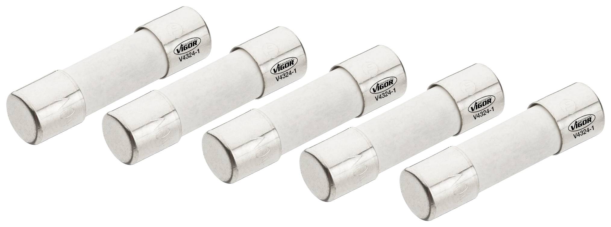 Five white cylindrical fuses with silver end caps, lying side by side.