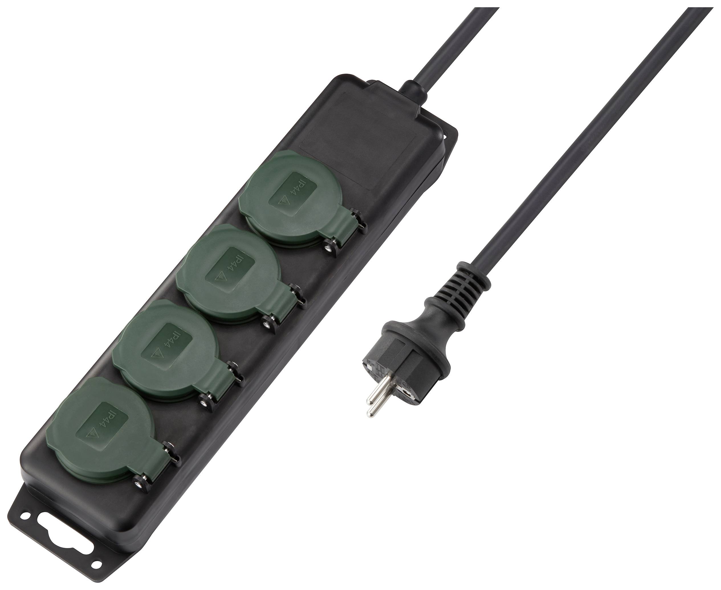 Black multi-socket extension with four green socket outlets and a black cable with plug, suitable for indoor use.