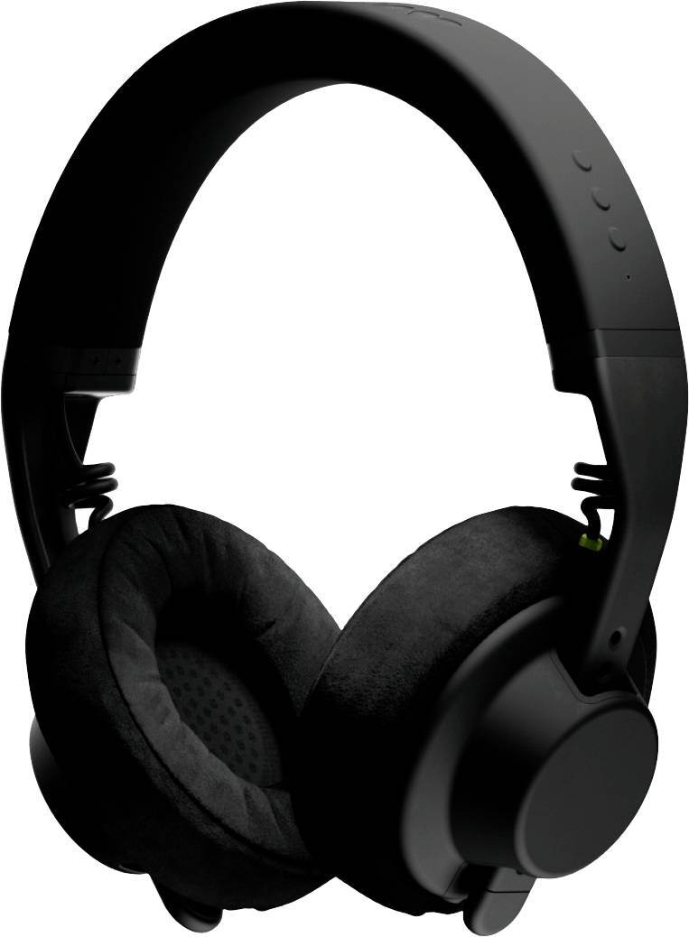 Black over-ear headphones, padded, with buttons on the headband. Ideal for listening to music or making phone calls.