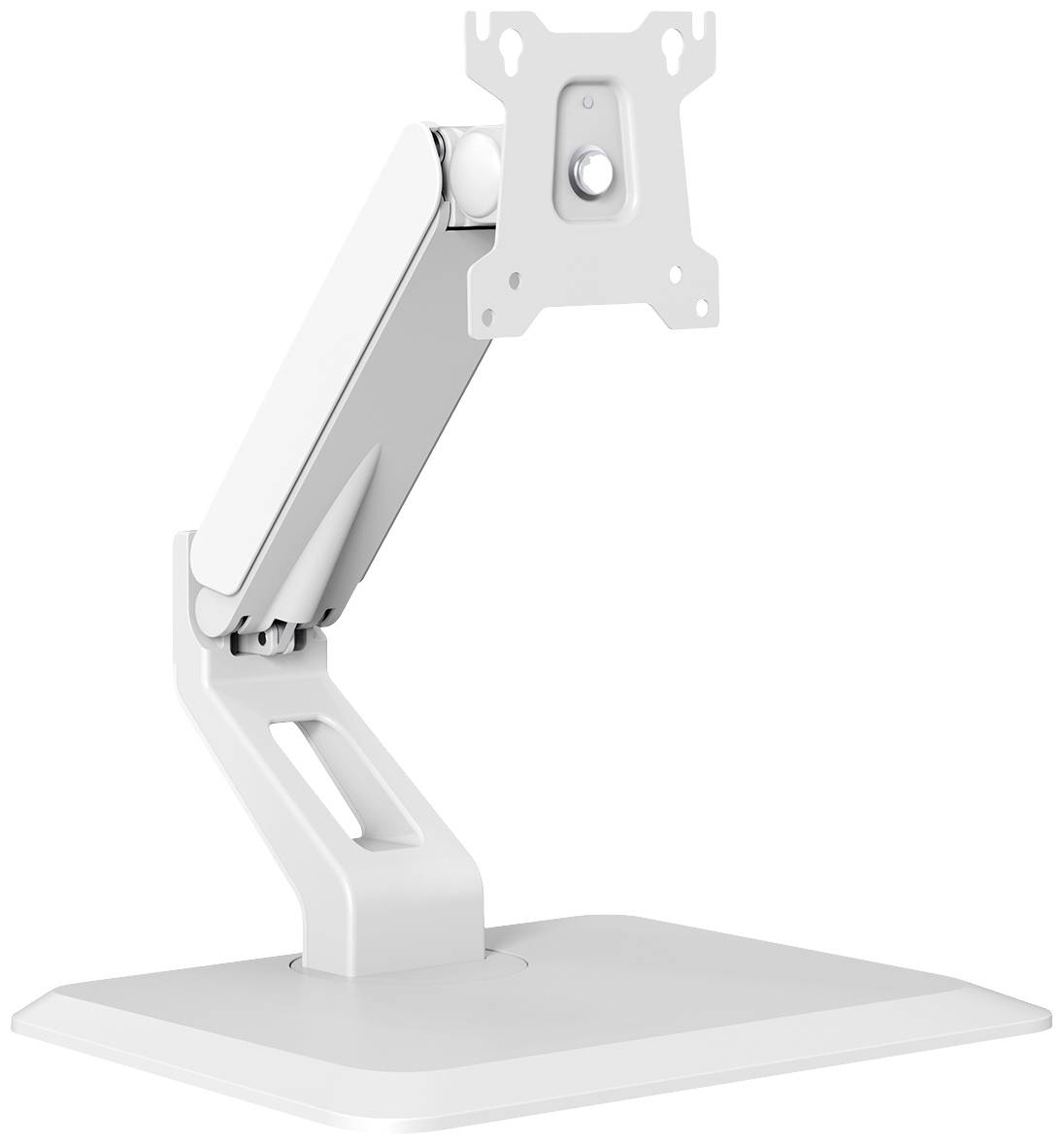 White monitor mount with adjustable arm on a square base, ready to attach a display screen.