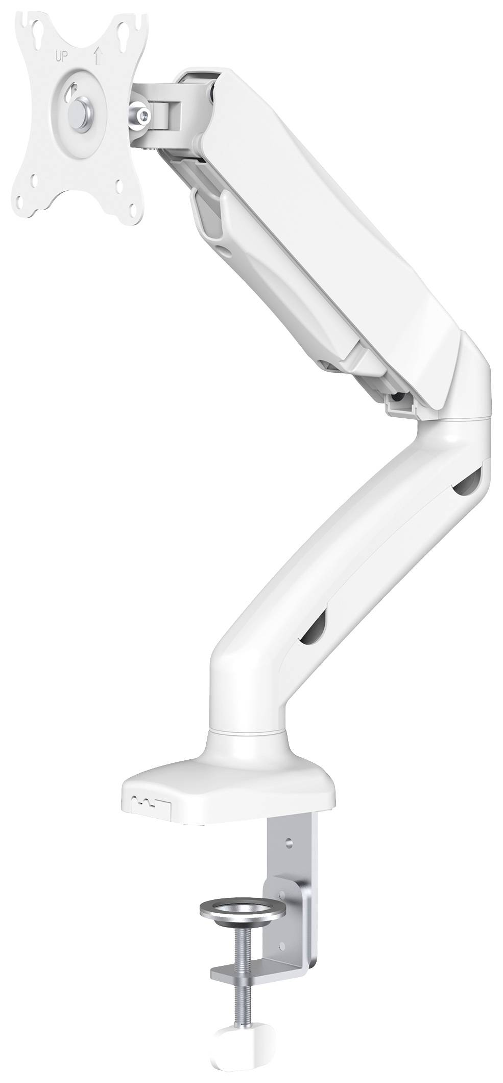 White, adjustable monitor arm with desk mounting, suitable for VESA-compatible displays, providing flexible positioning and ergonomic support.