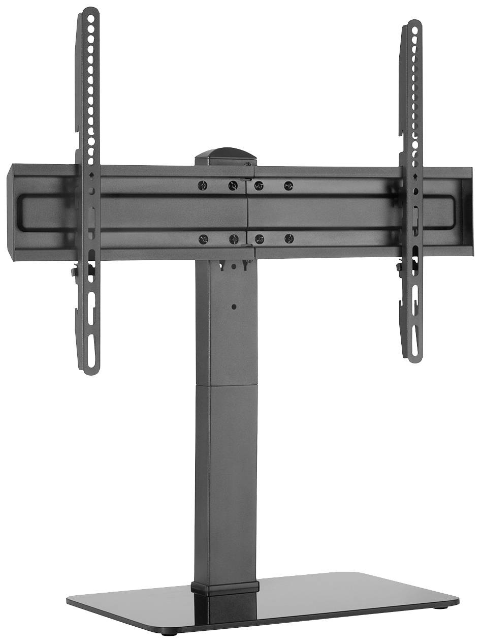 A black TV stand with a rectangular base and adjustable mounting brackets for securing a television set.