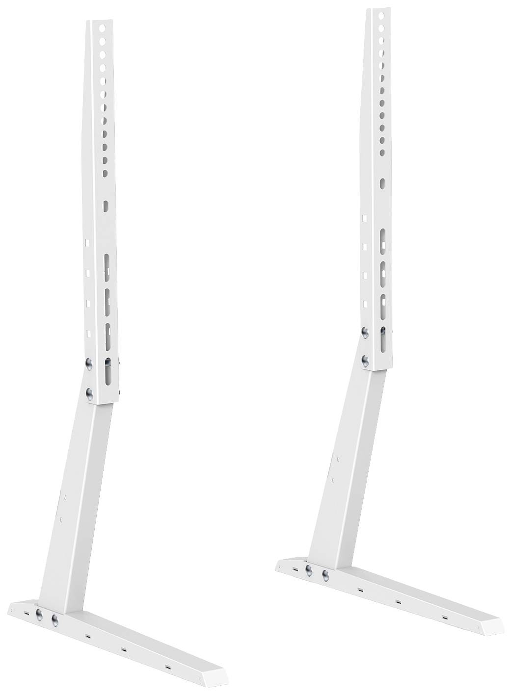 Two white, adjustable metal stands with screw holes, suitable for mounting televisions or monitors.