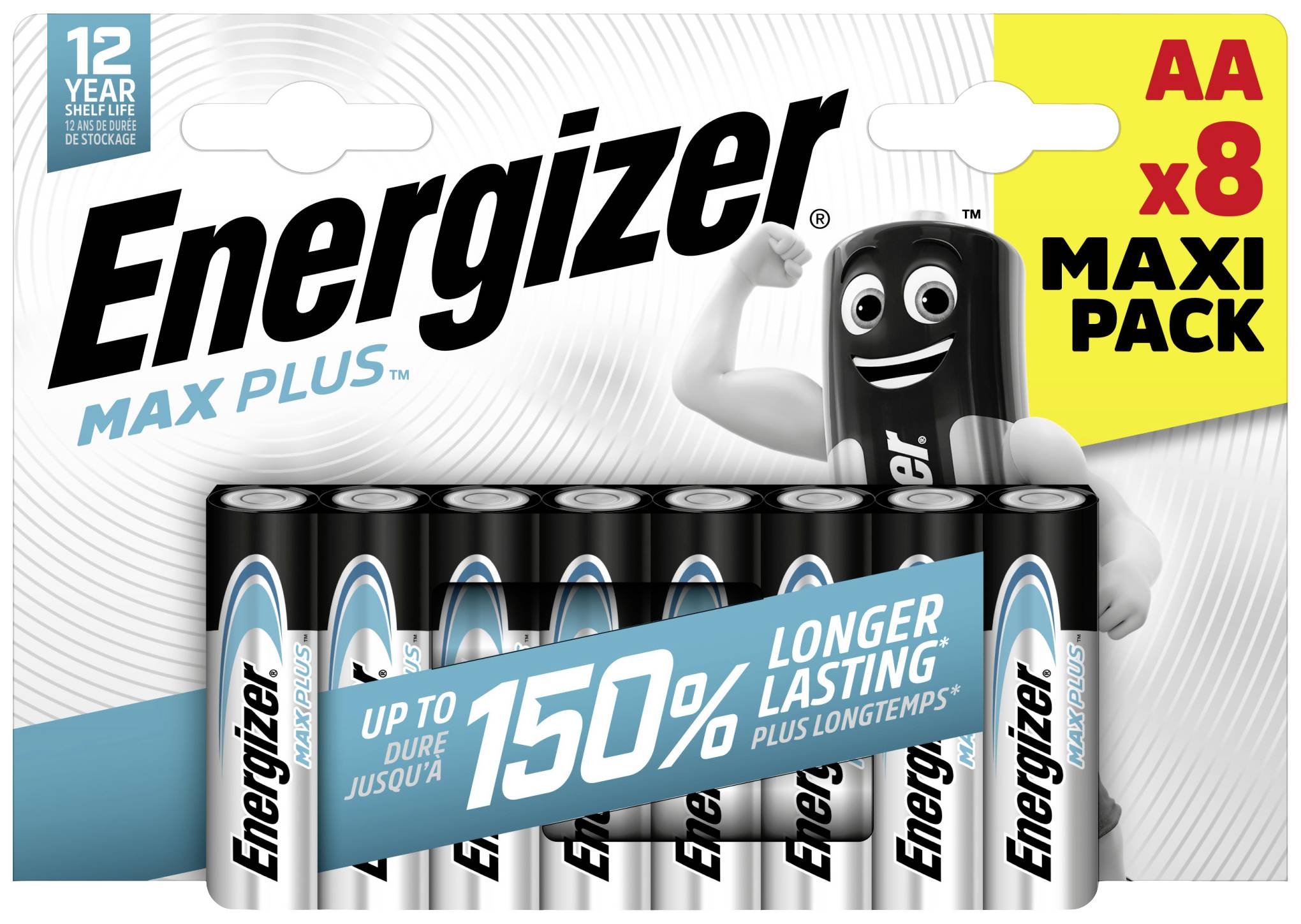 Energizer battery pack containing ten AA batteries, marketed as '150% longer lasting', alongside a smiling black battery character.