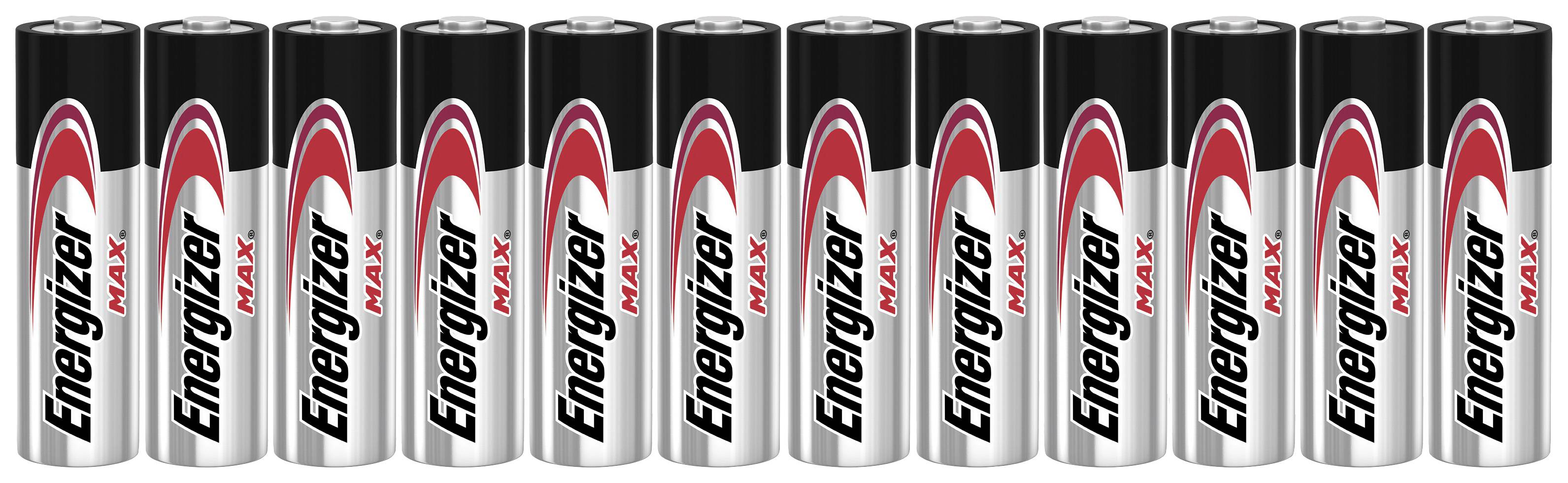 Twelve Energizer Max AA batteries lined up in a row.