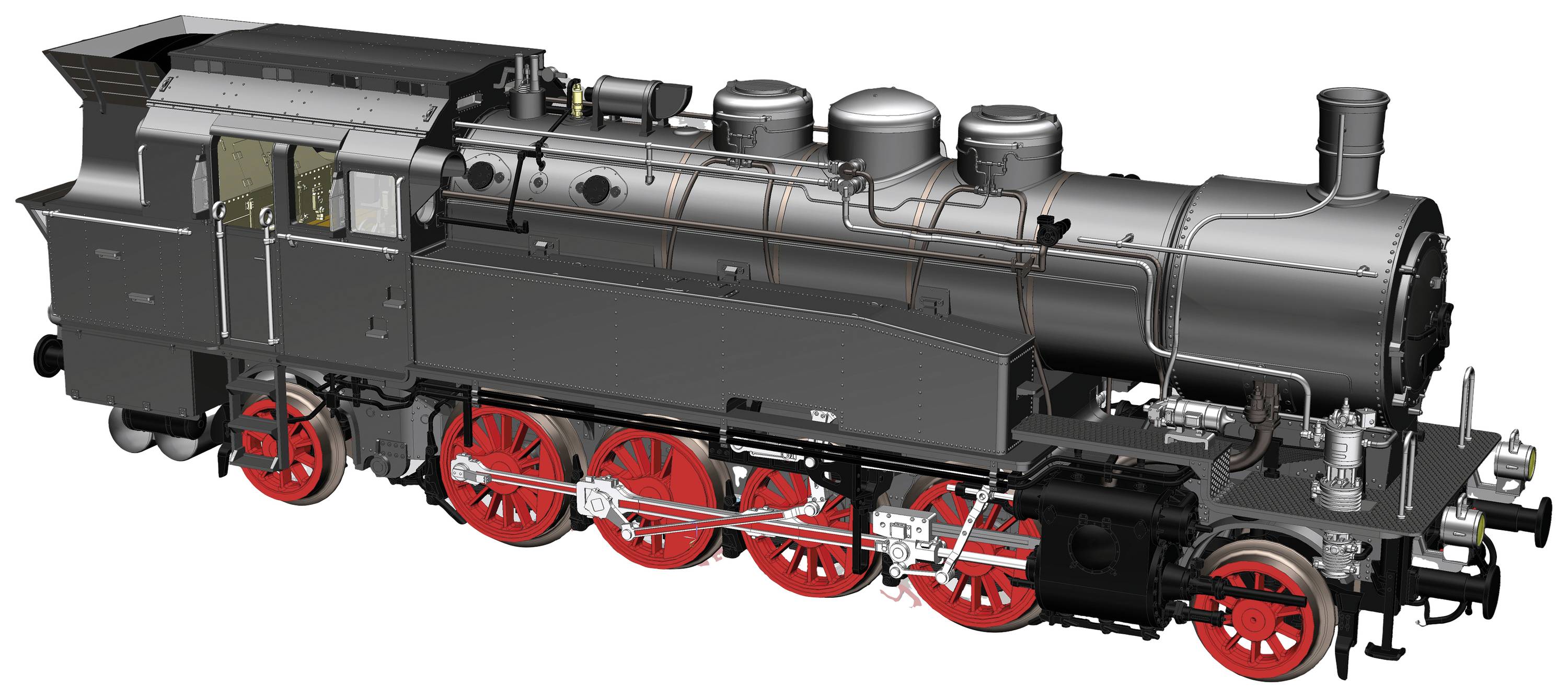 A detailed illustration of a black steam locomotive with red wheels and distinctive cylinders on a white background.