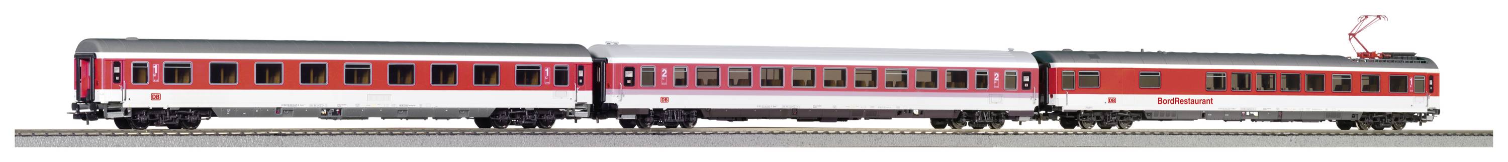A three-part, silver model train with red stripes on a track. The front carriage has a pantograph.