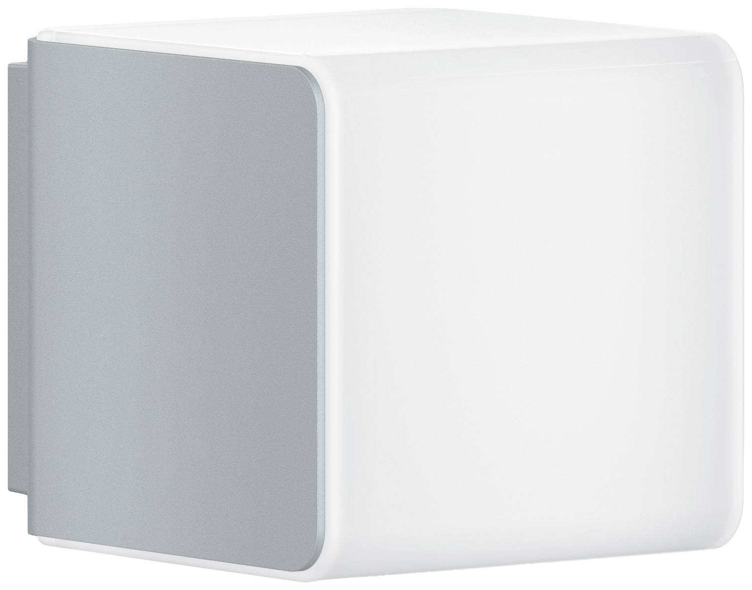 Wall lamp in cubic form with grey side surface and white illuminated front. Modern design, suitable for interior lighting.