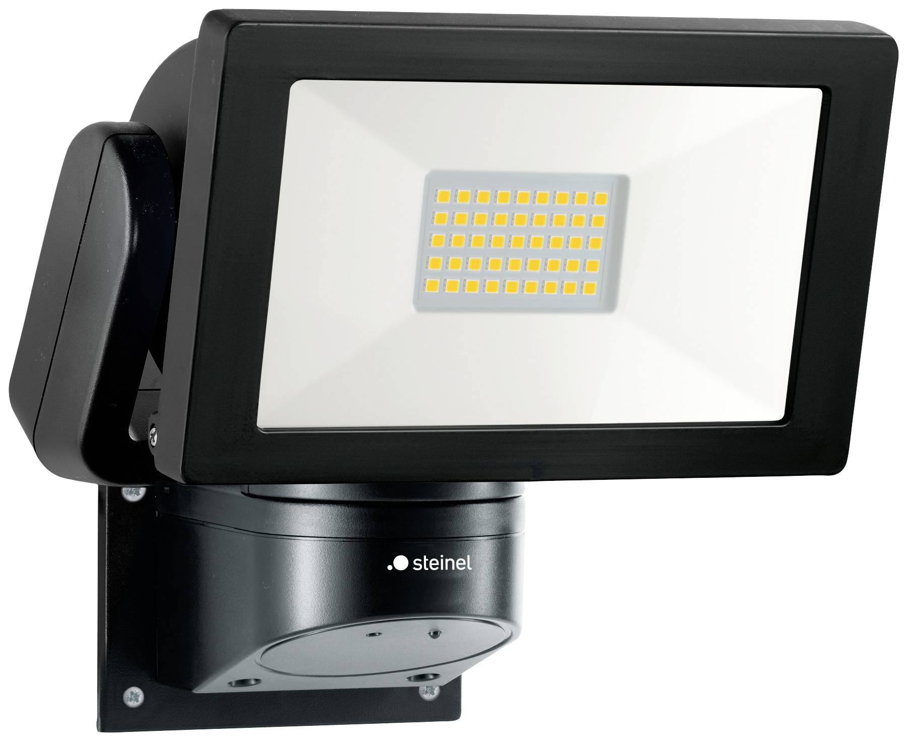 Black LED floodlight with sensor for wall mounting, square light fitting with yellow LEDs, suitable for outdoor lighting.