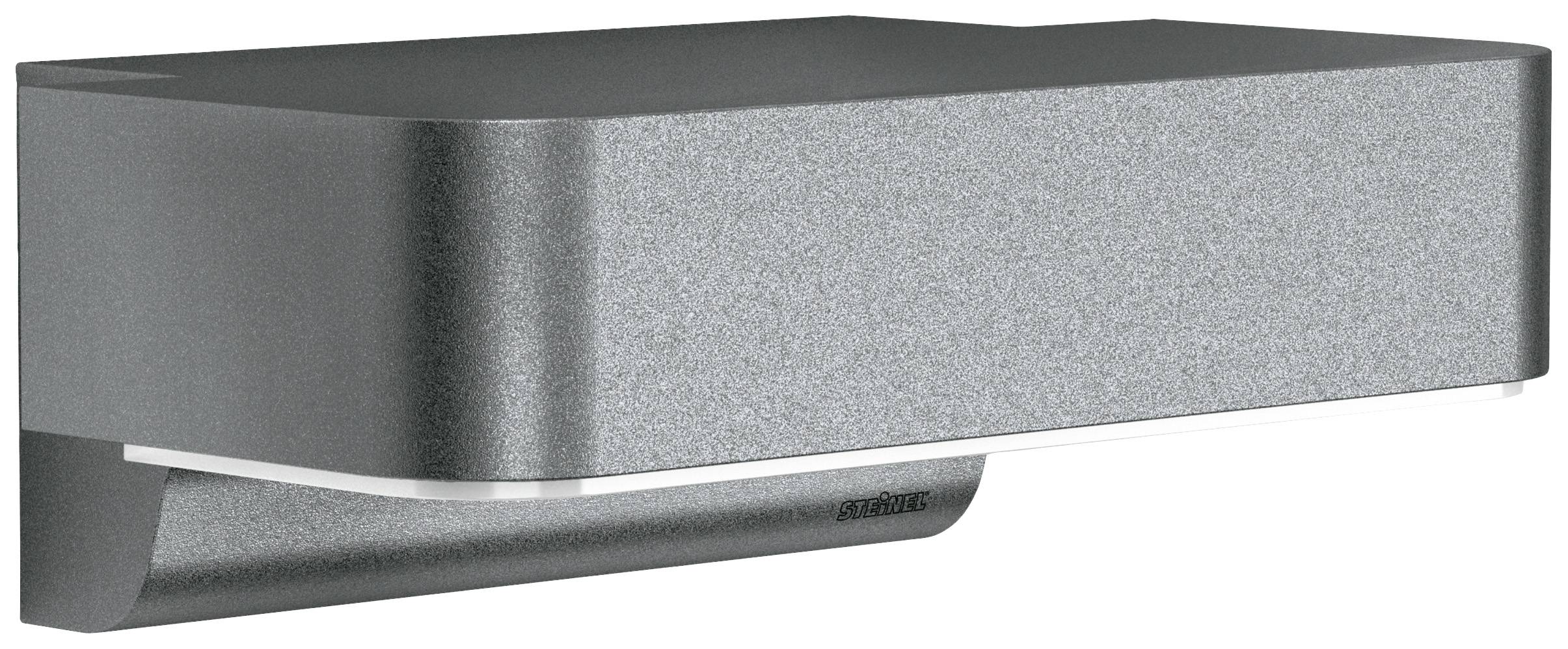 Modern metal outdoor wall light in a sleek dark grey finish with rounded corners. It provides downward-facing illumination.