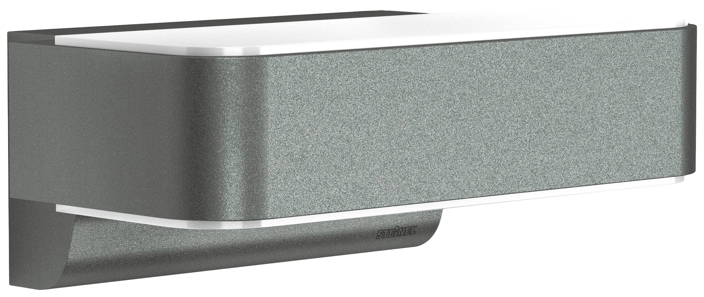 Grey, rectangular LED outdoor wall light with a slim, modern design, mounted on the wall. Ideal for stylish illumination.