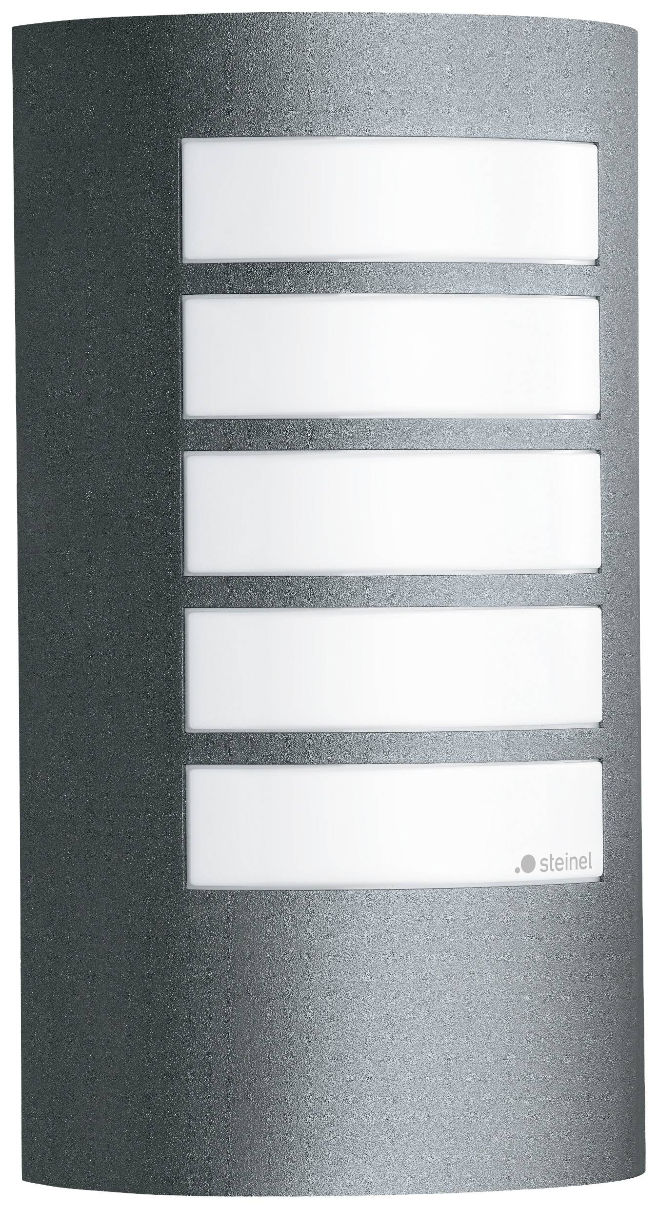 Modern outdoor light with five horizontal light strips, grey housing.