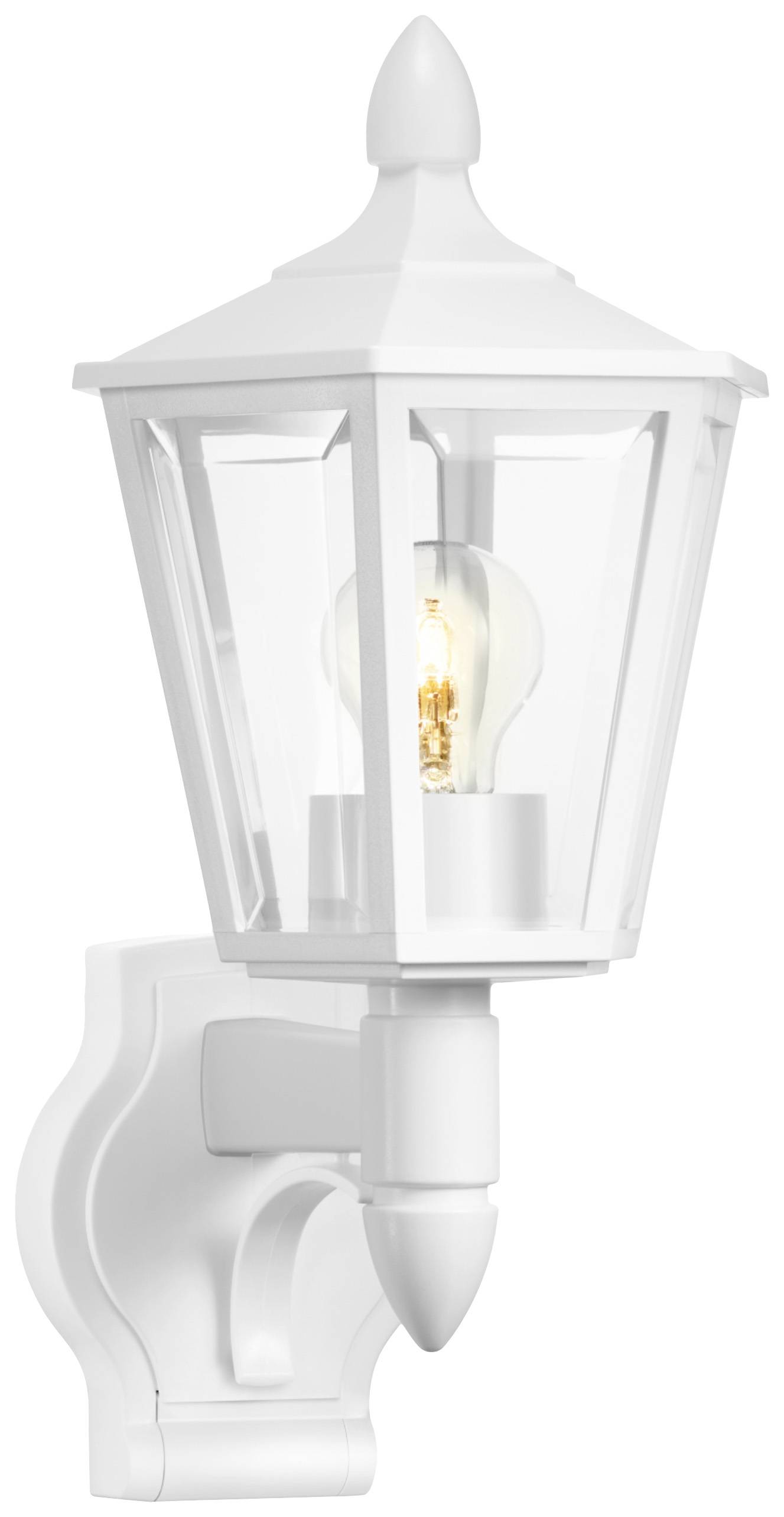 White outdoor wall light in a classic lantern style with visible illuminated bulb inside.