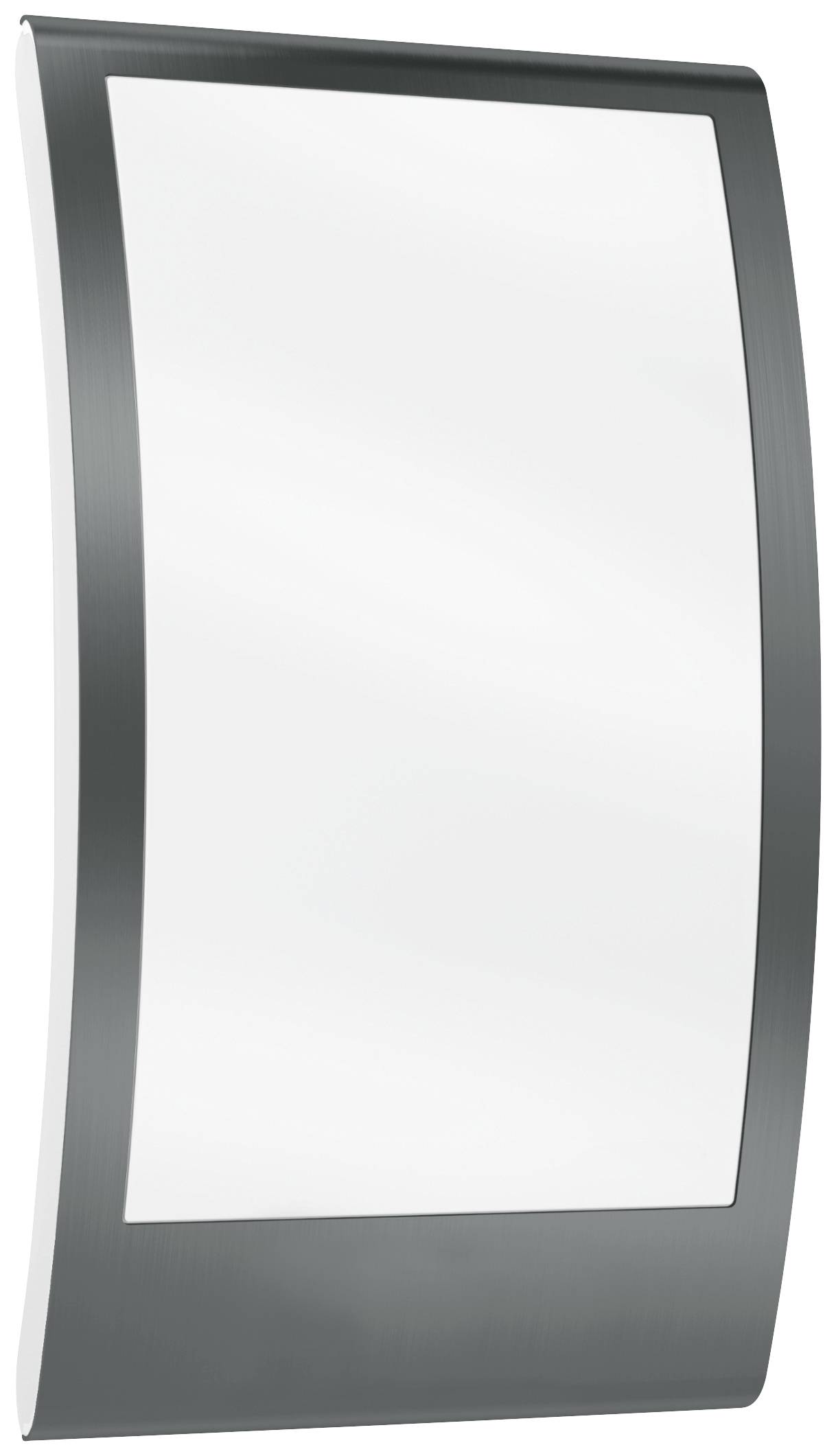 A rectangular, slightly curved mirror with a black frame, hanging on the wall.