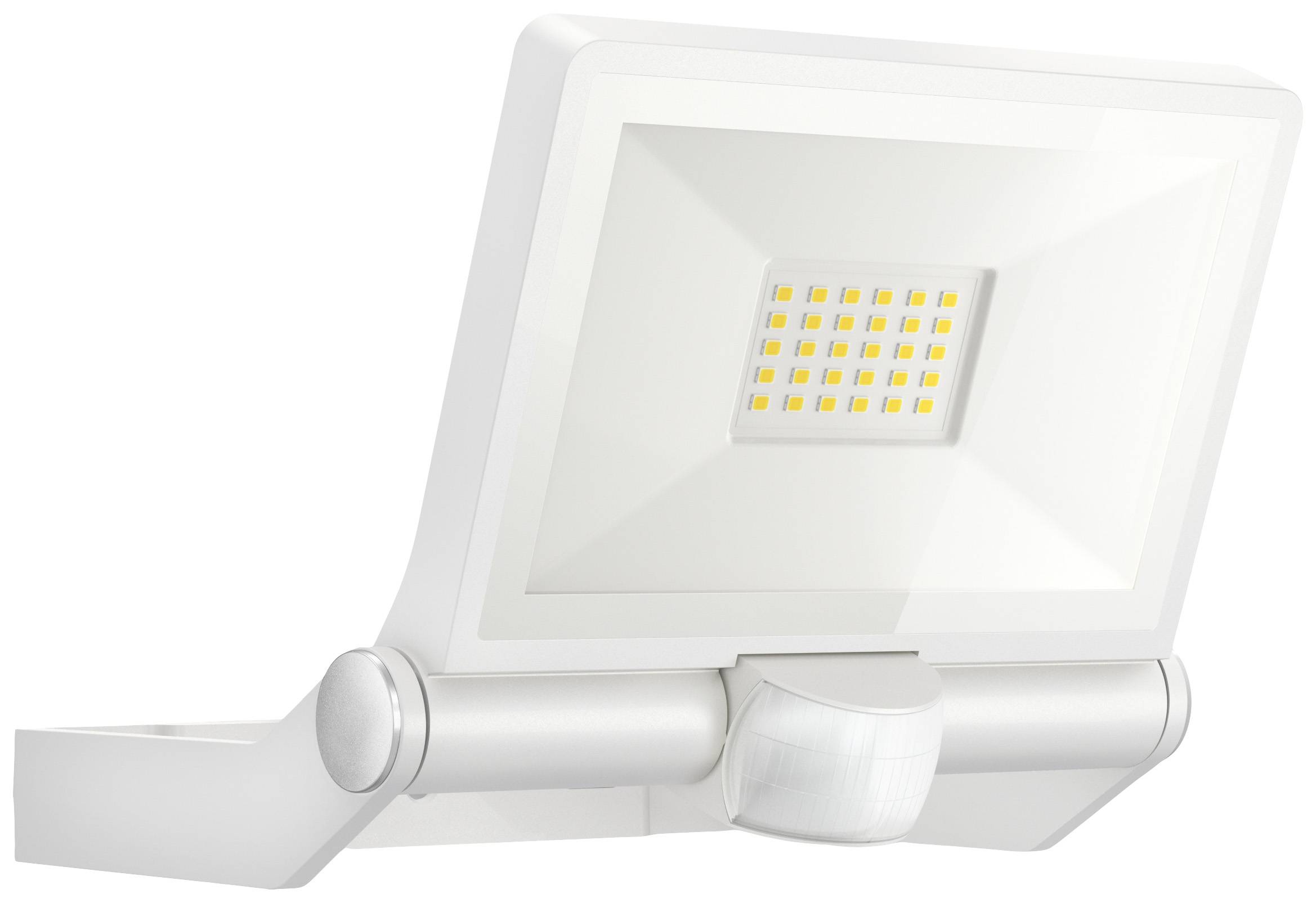 A white LED floodlight with integrated motion sensor, mounted on a pivoting arm, suitable for outdoor lighting.
