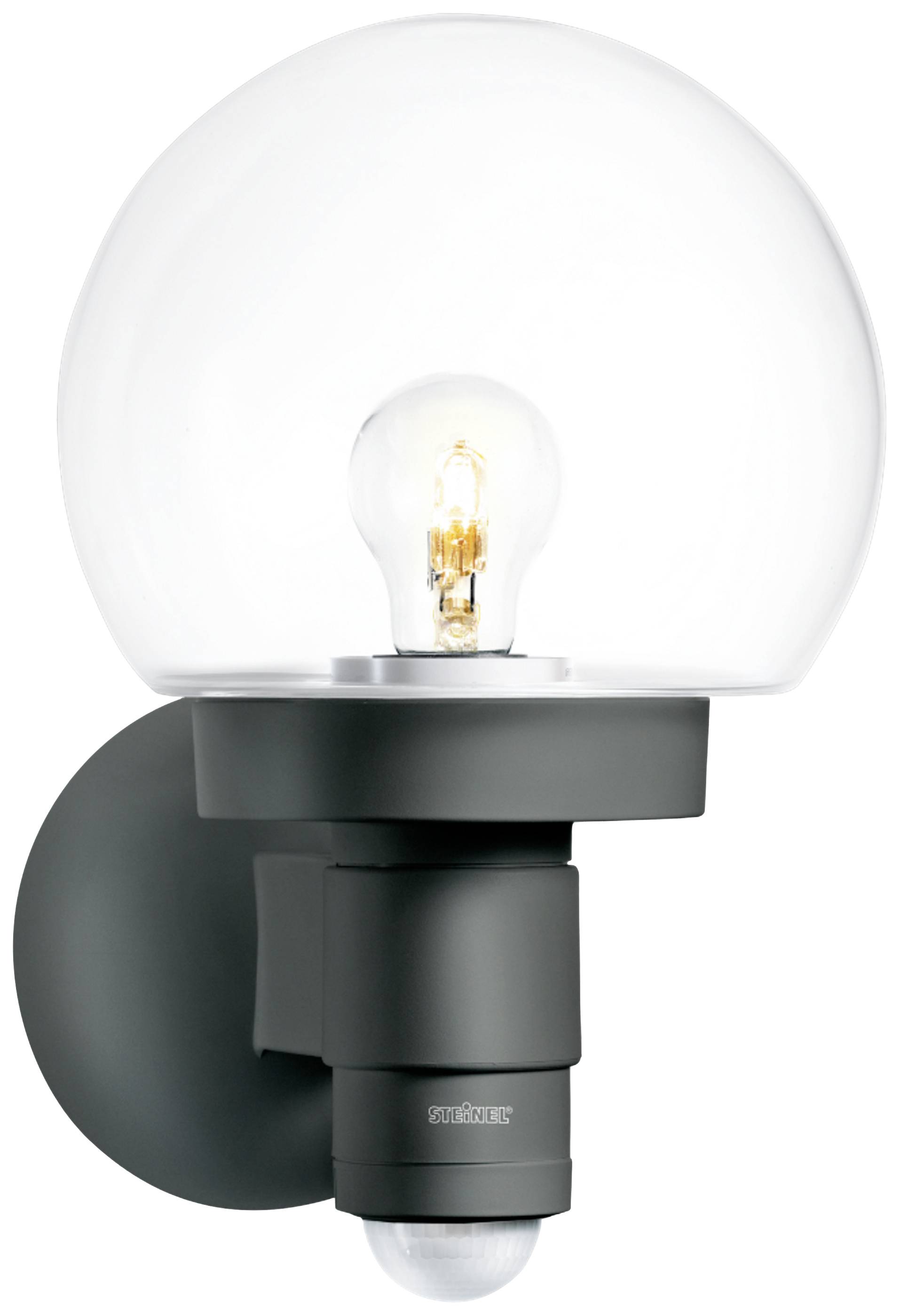 Exterior wall light with a transparent, spherical glass shade and black base, illuminated by a light bulb and suitable for wall mounting.