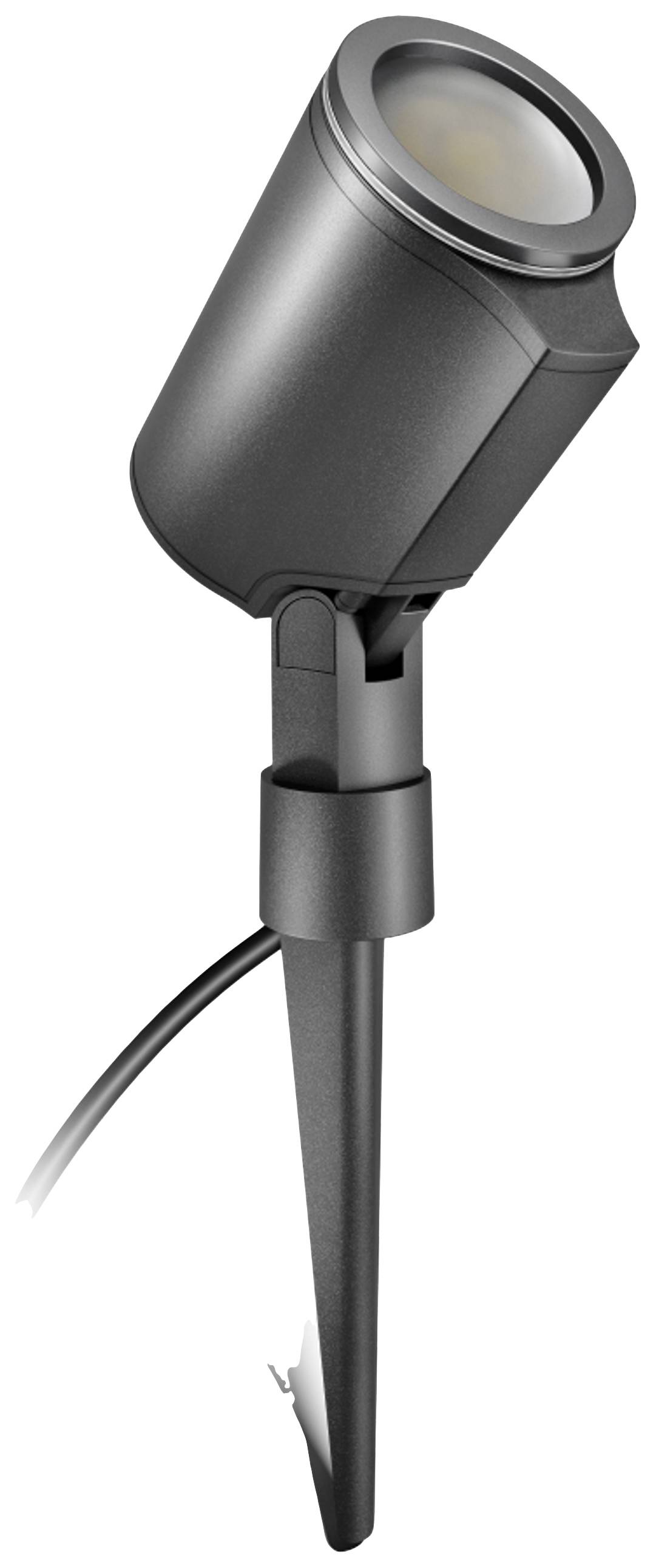 Black LED outdoor spotlight with ground spike, suitable for illuminating gardens or pathways.