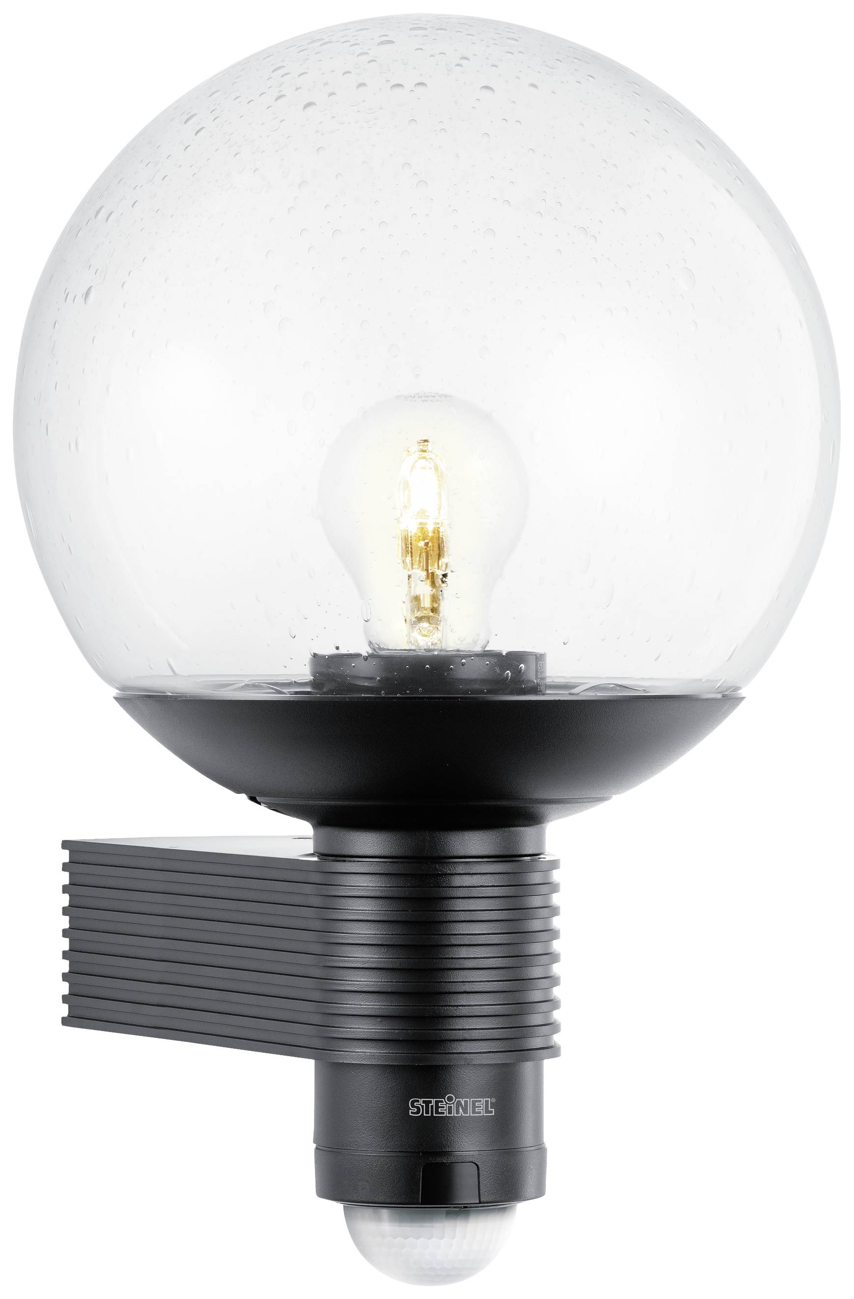 Round wall light with a black base and clear glass sphere, showing a lit light bulb.