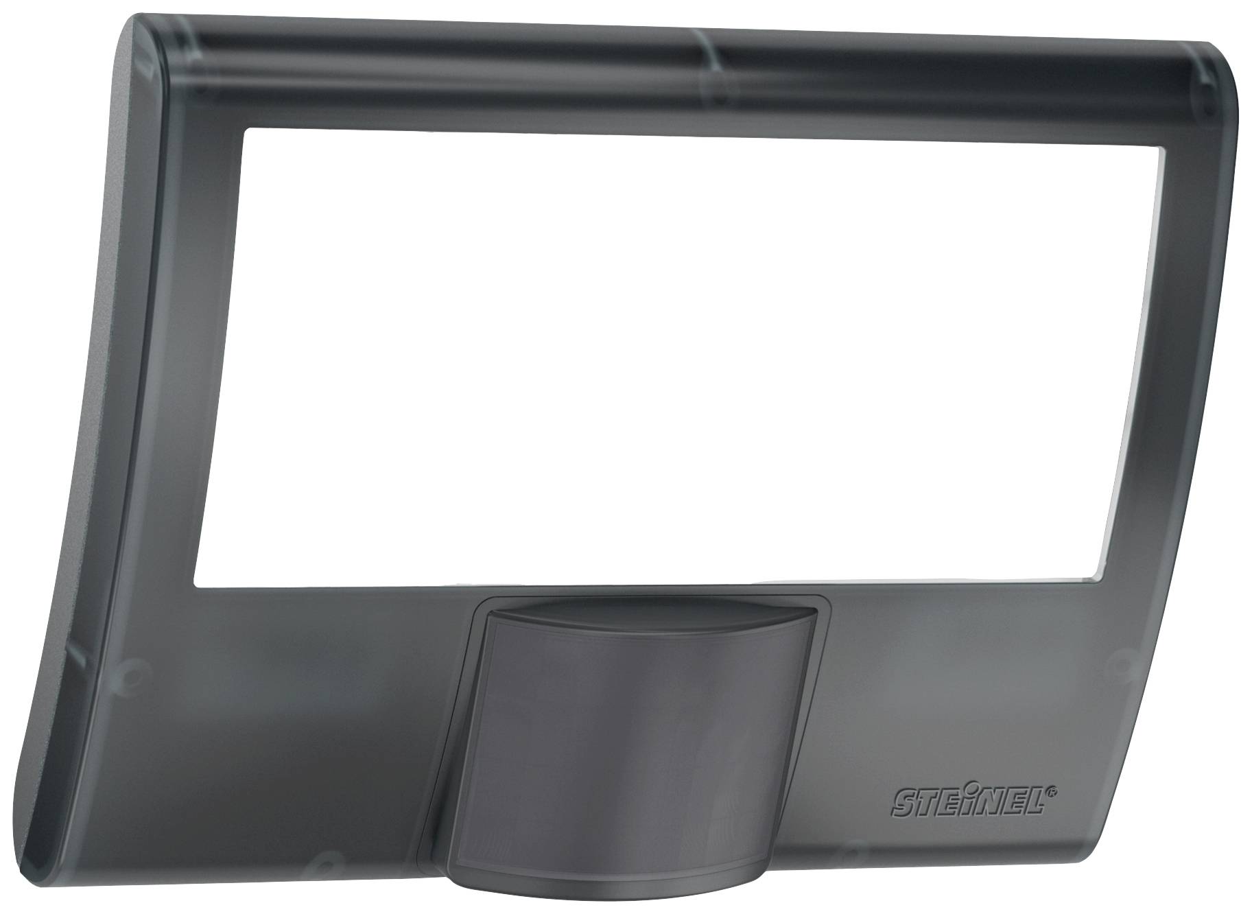 A rectangular motion sensor with rounded edges, black casing, and the 'Steinel' logo positioned in the bottom right corner.