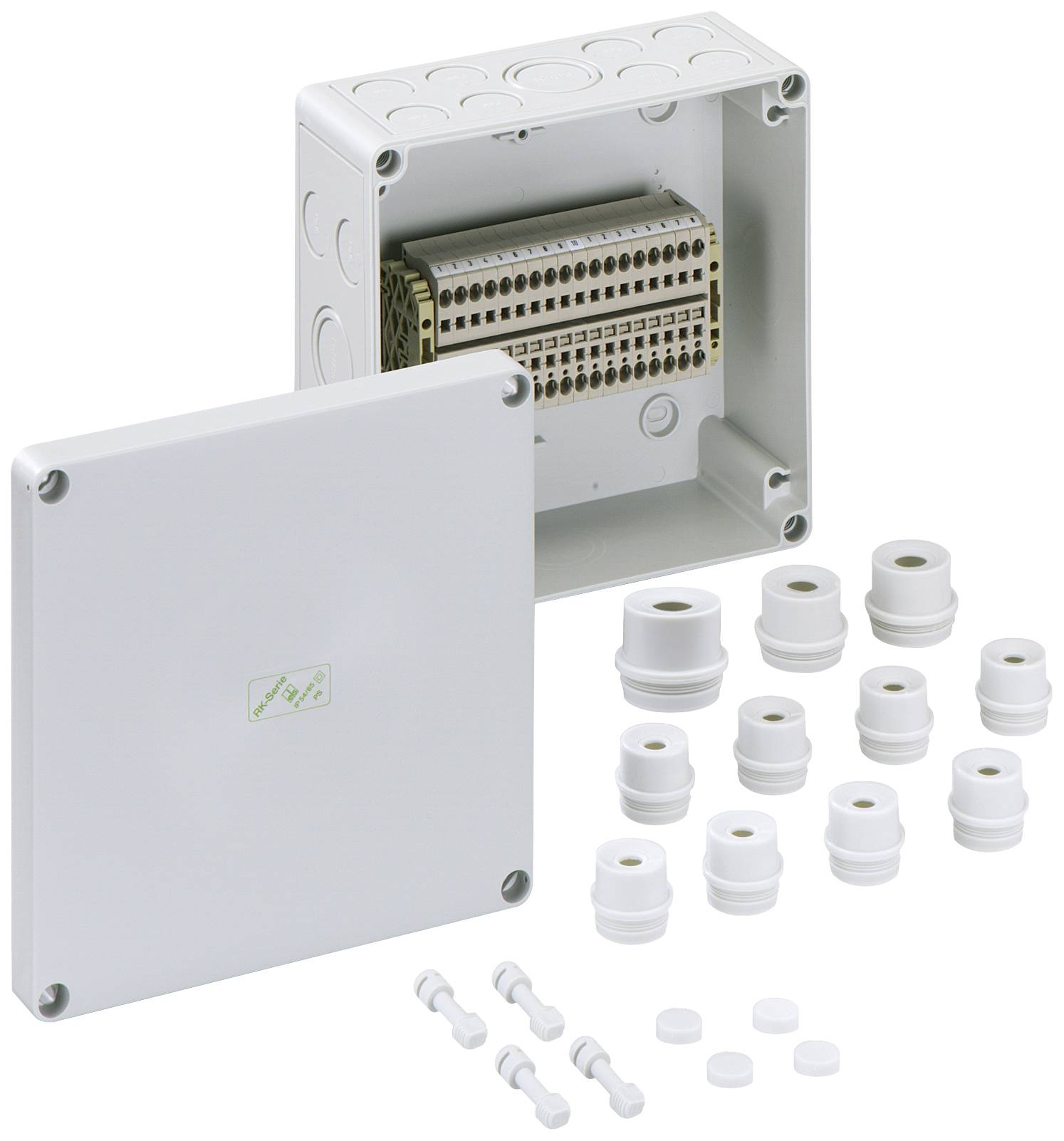 Electrical distribution board open, revealing internal wiring. Surrounded by several cable glands and small plastic components.