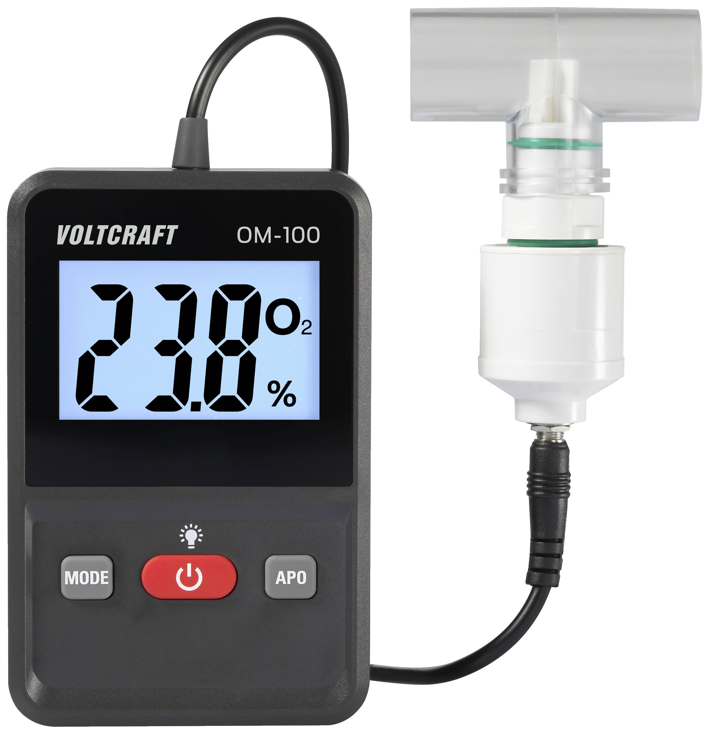 A digital oxygen metre with display showing '23.8% O2'. A connected sensor is located on the right. Brand name: Voltcraft OM-100.