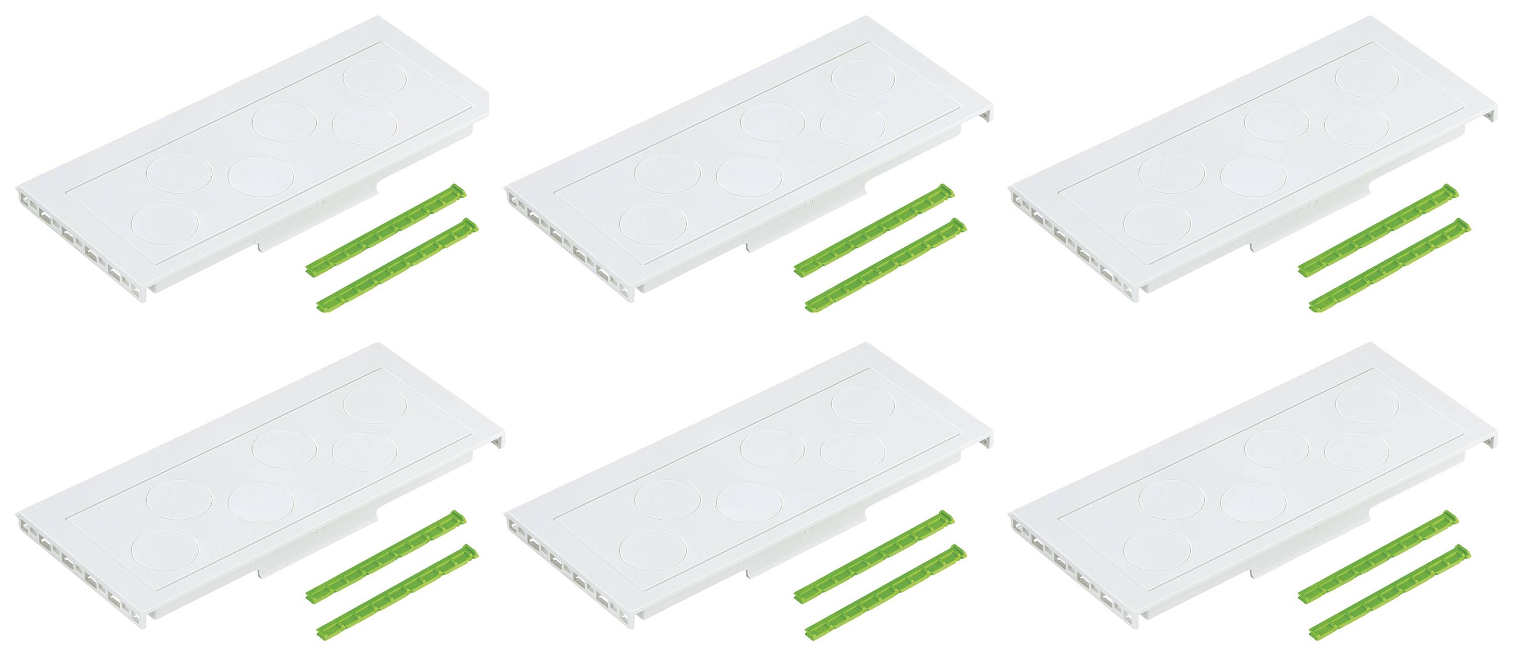 Six rectangular white covers, each with two green pins placed beside them, evenly arranged on a white background.