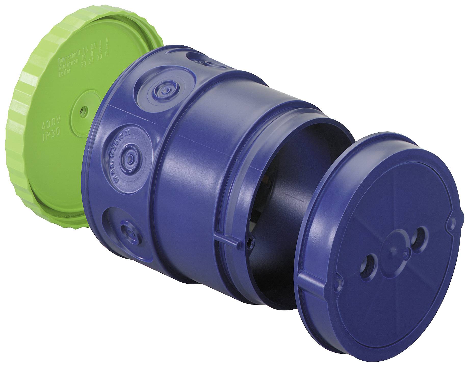 A blue, cylindrical container with a green lid. The container is open and divided into several compartments.