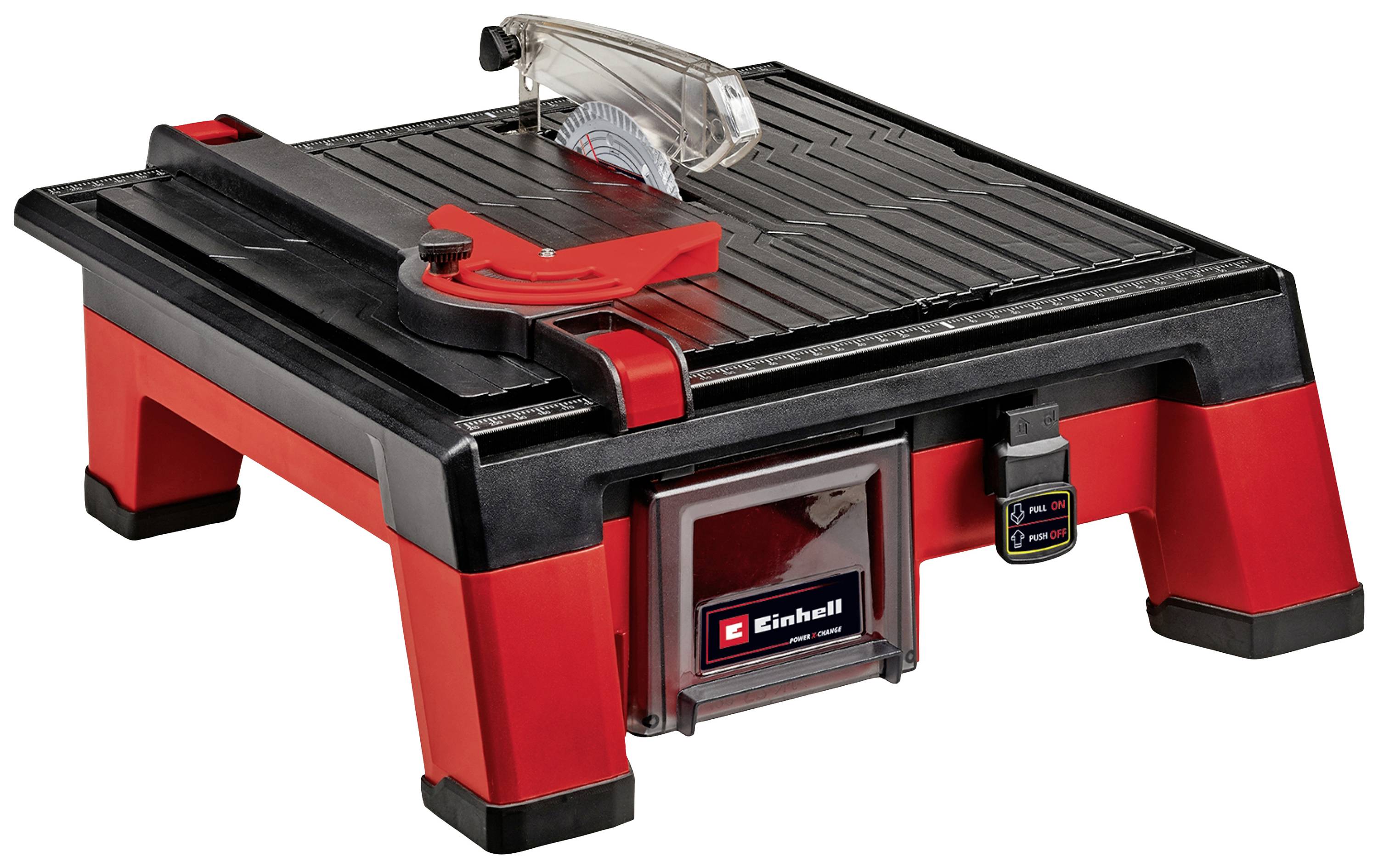 'Einhell' Table Tile Cutter with visible circular saw blade, black and red housing, protective cover, suitable for precise tile cutting.