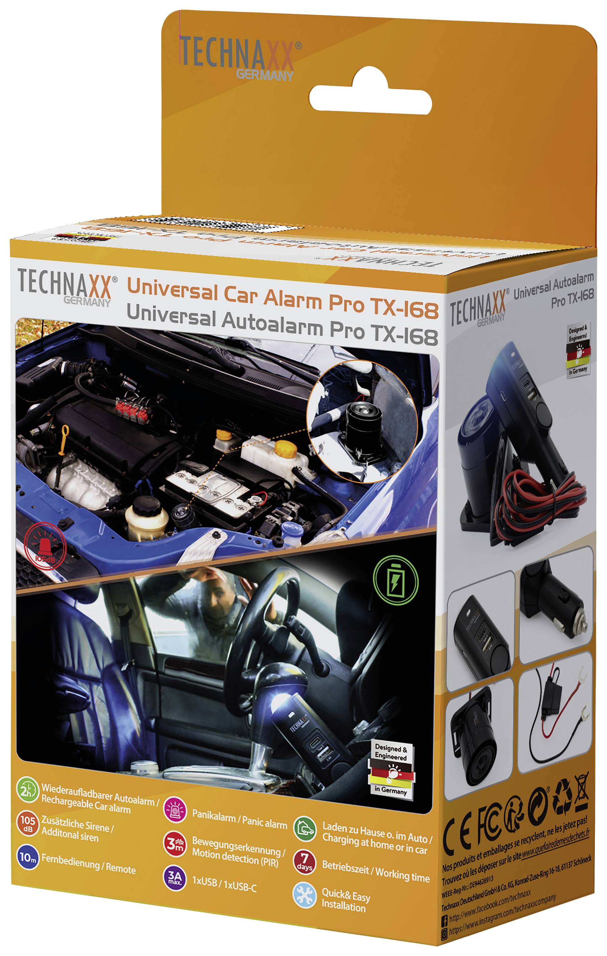 Technaxx TX-168 Car alarm Incl. remote control, In-car surveillance, Built-in LED (flashing), Built-in battery, Mobile use, Panic