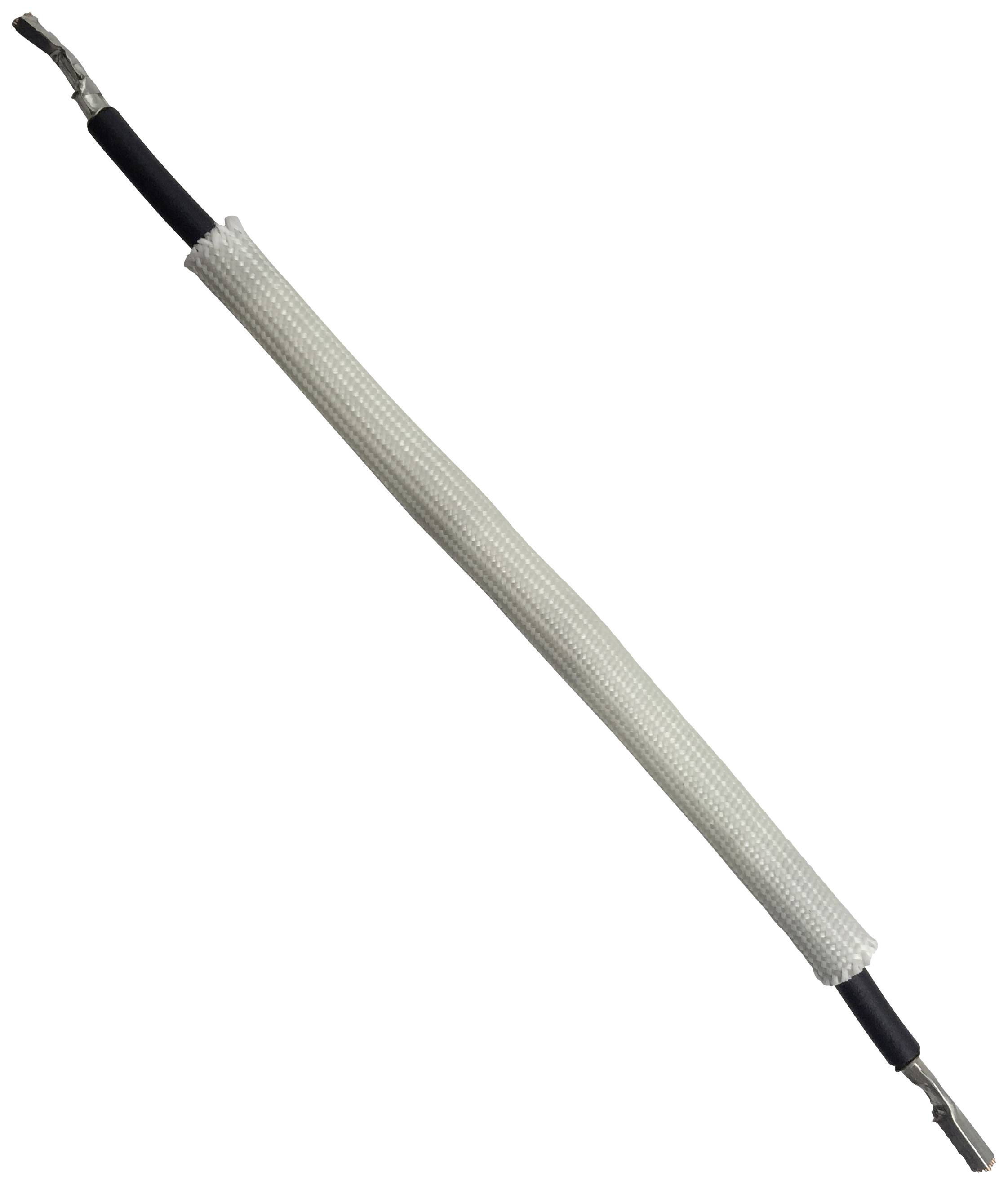A black cable with white insulation at both ends and a white, braided sheath in the middle.
