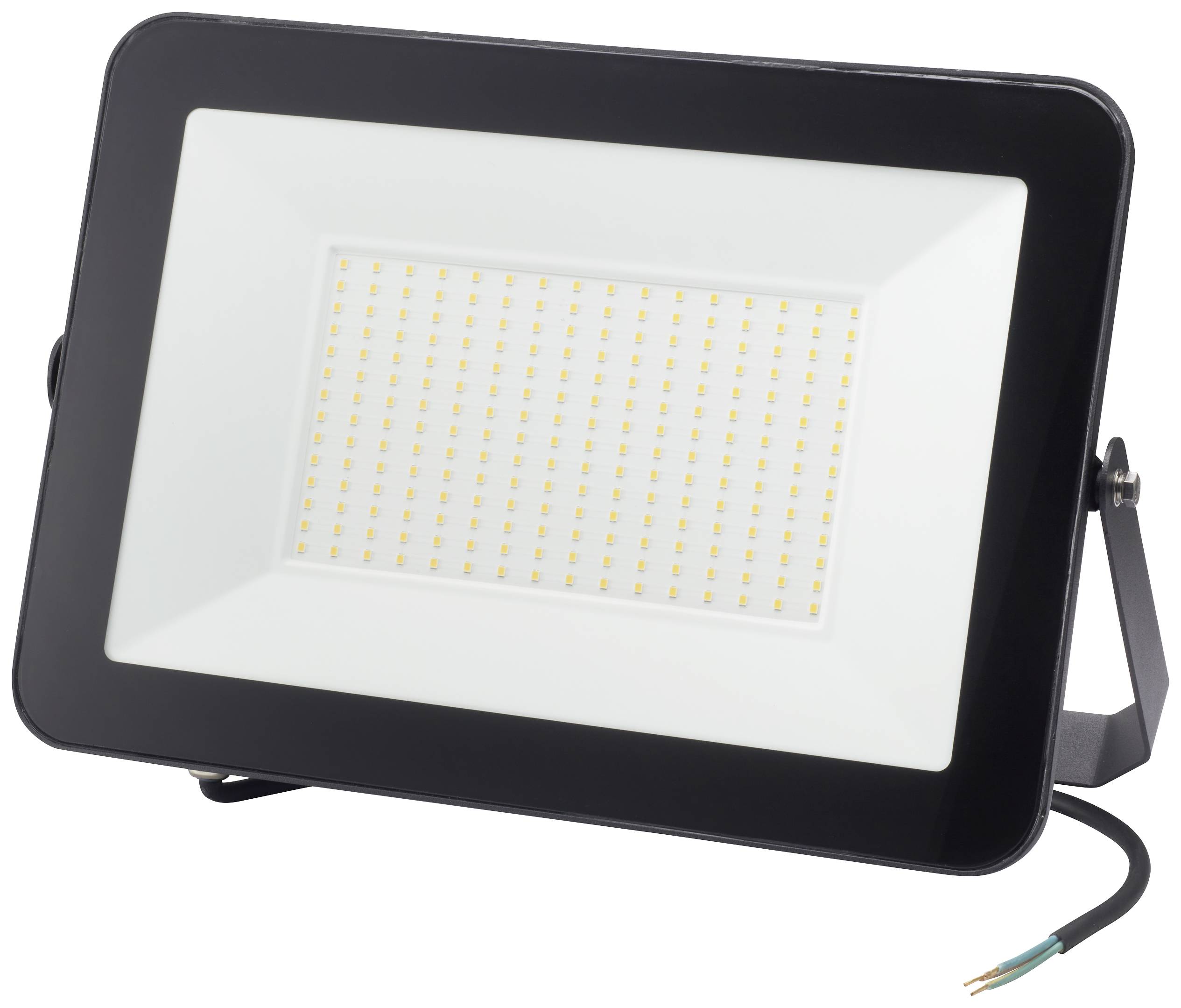A rectangular LED floodlight with a black frame and numerous small illuminating diodes on a white background. Suitable for outdoor lighting.