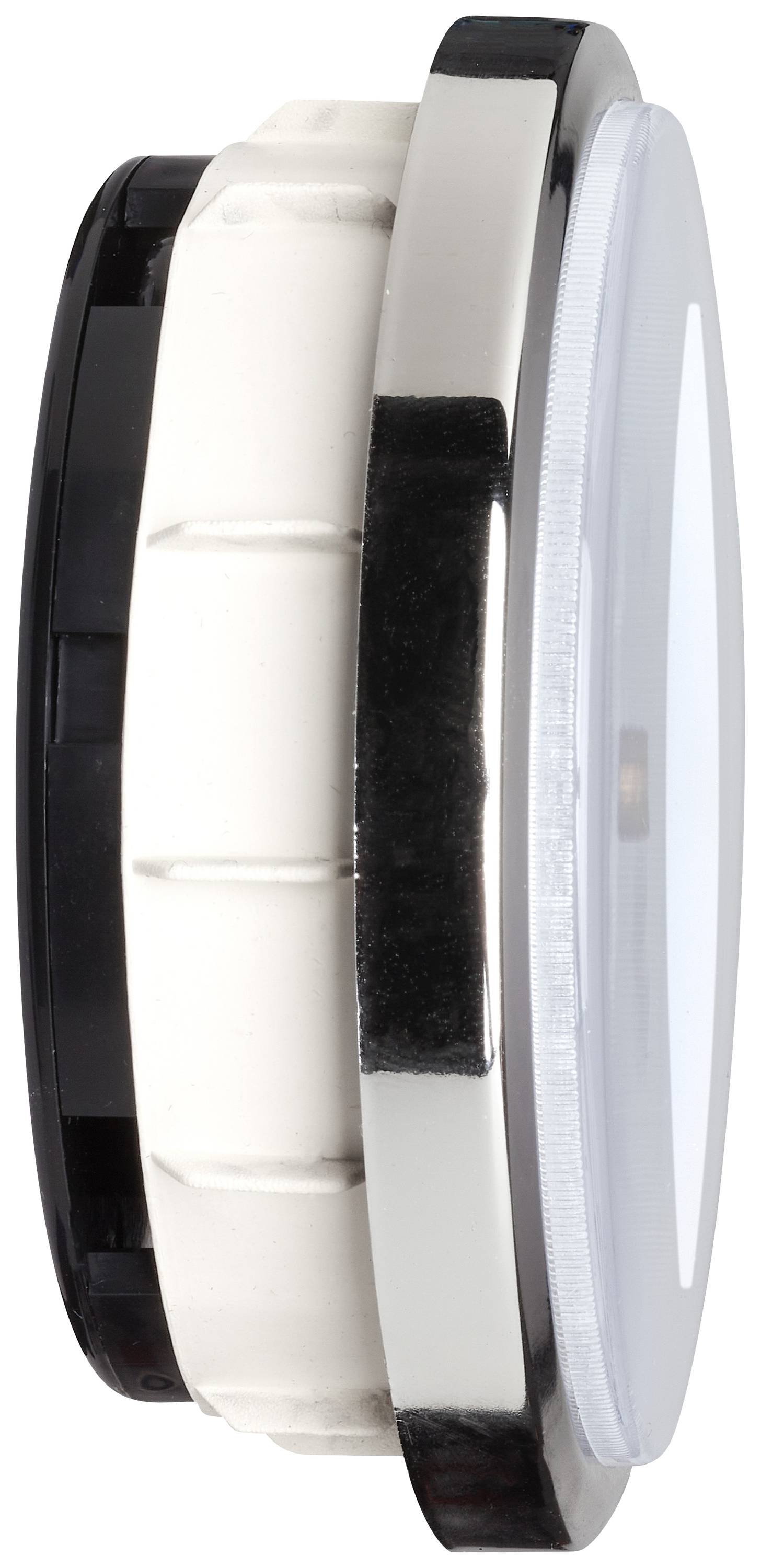 Flat, round LED lamp with a silver rim and white diffuser, viewed from the side.