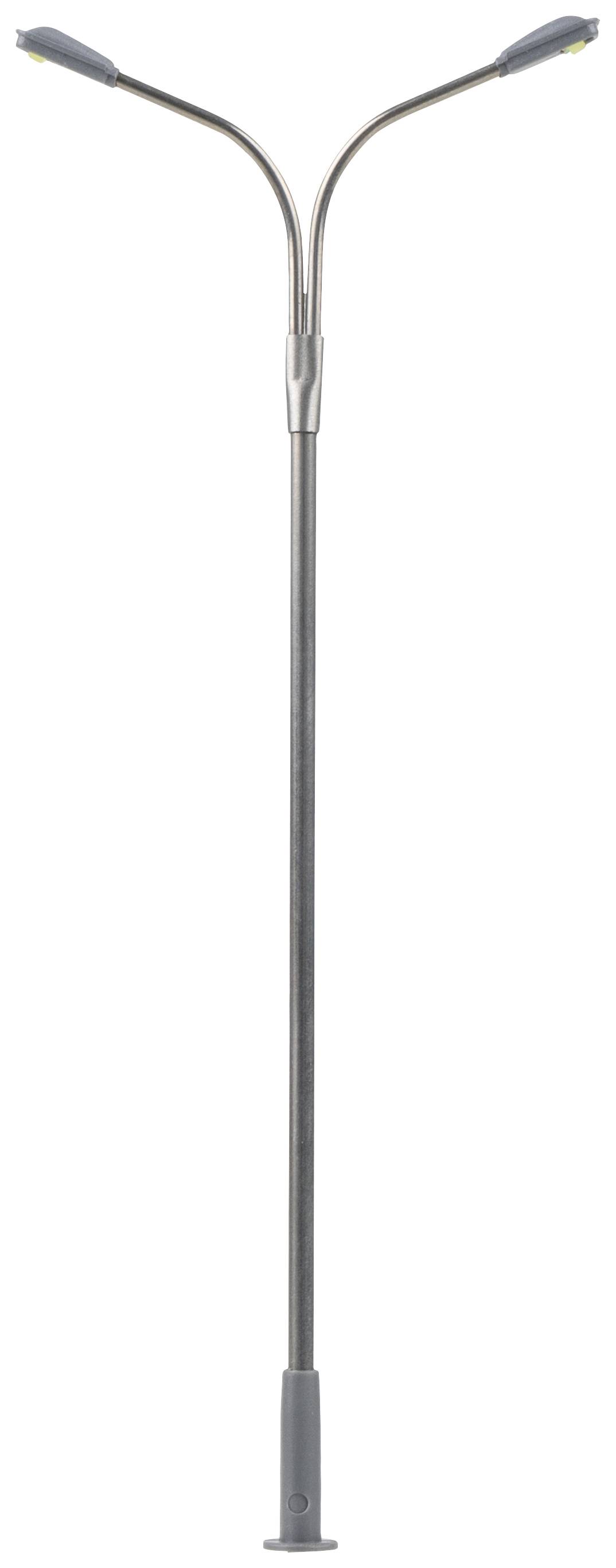 A twin-headed street lamp with a curved design, suitable for illuminating roads or pavements.