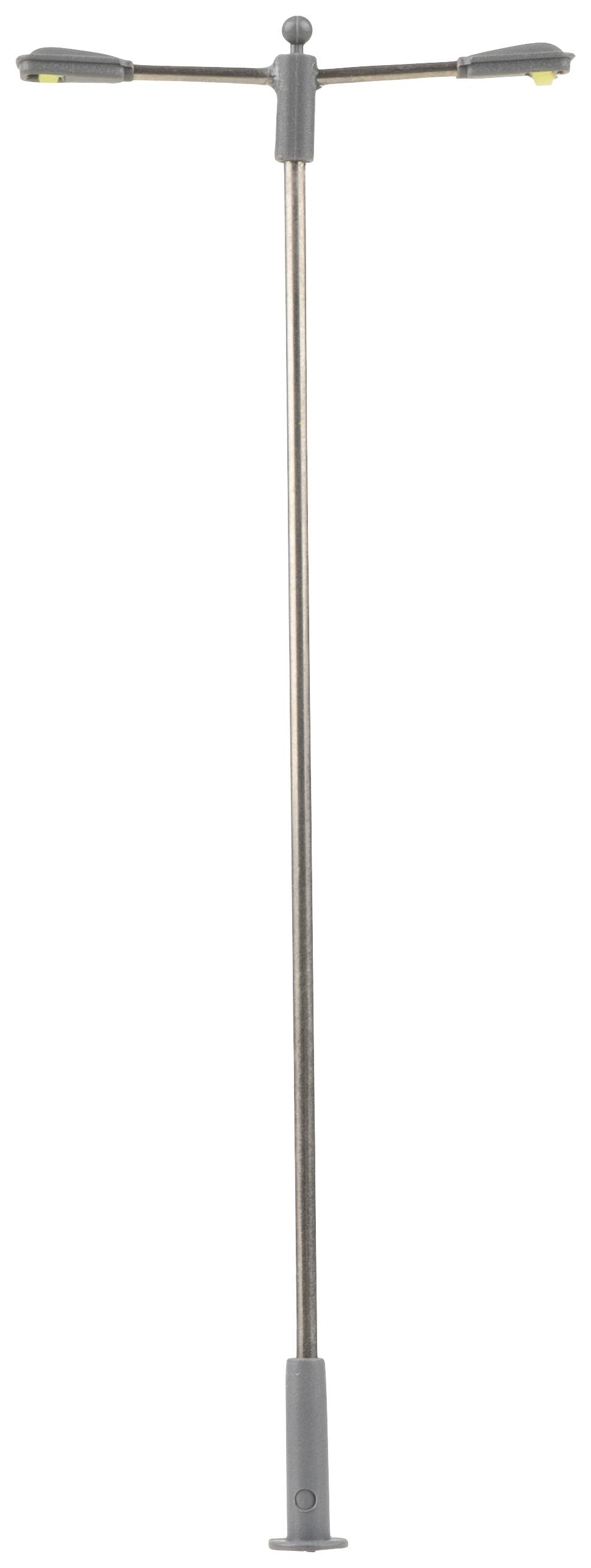 A long, slender metal rod with two adjustable arms at the top. A round base at the bottom for stability. Suitable for presentation.