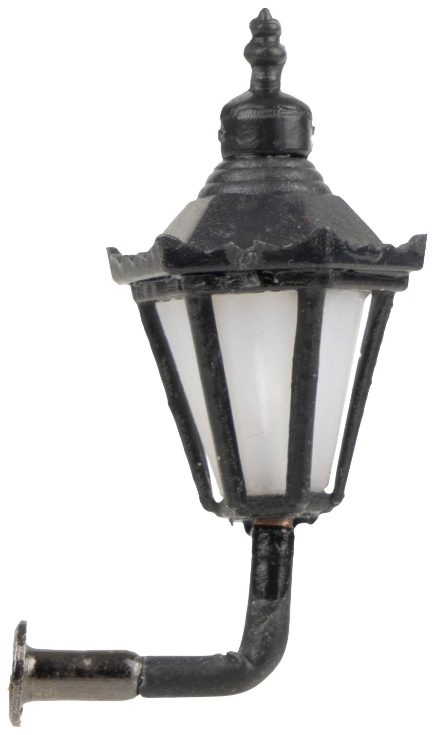 A black, antique wall light with a curved, white glass shade. Perfect for historical or nostalgic exterior decorations.