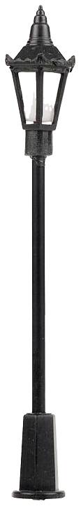 Black street lamp in an antique style with four glass panes and decorative details at the top.