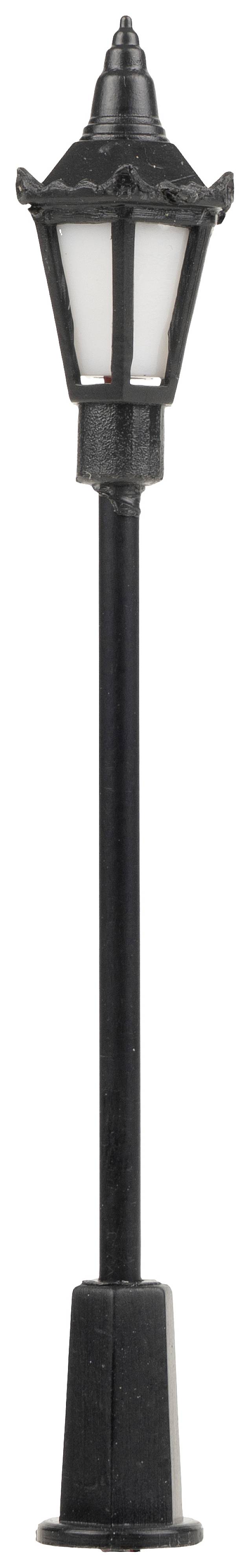 A black street lamp with a classic lantern style, suitable for miniature representations and model building.