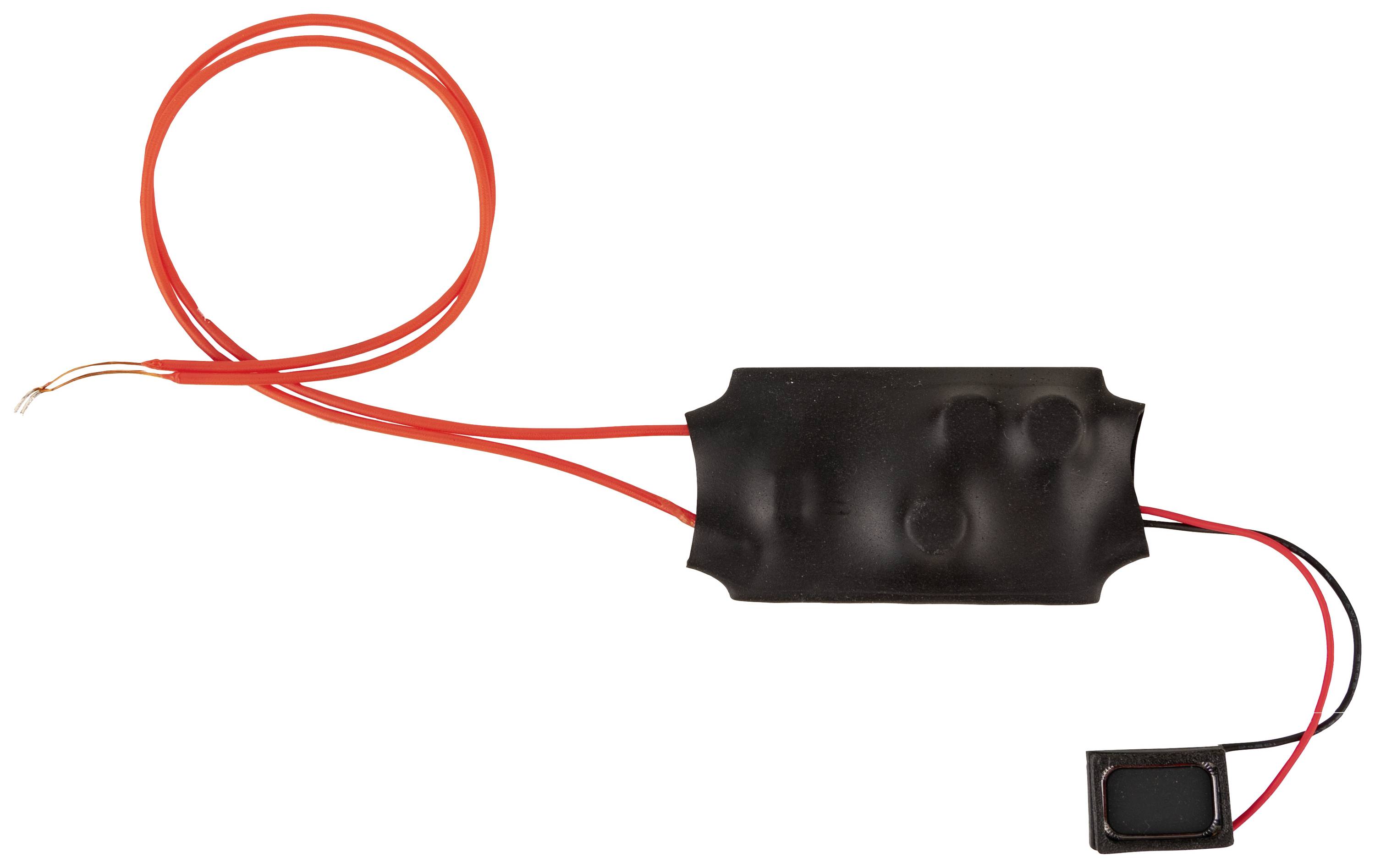 Electrical transformer with two red cable connections and a black casing, displayed on a white background.