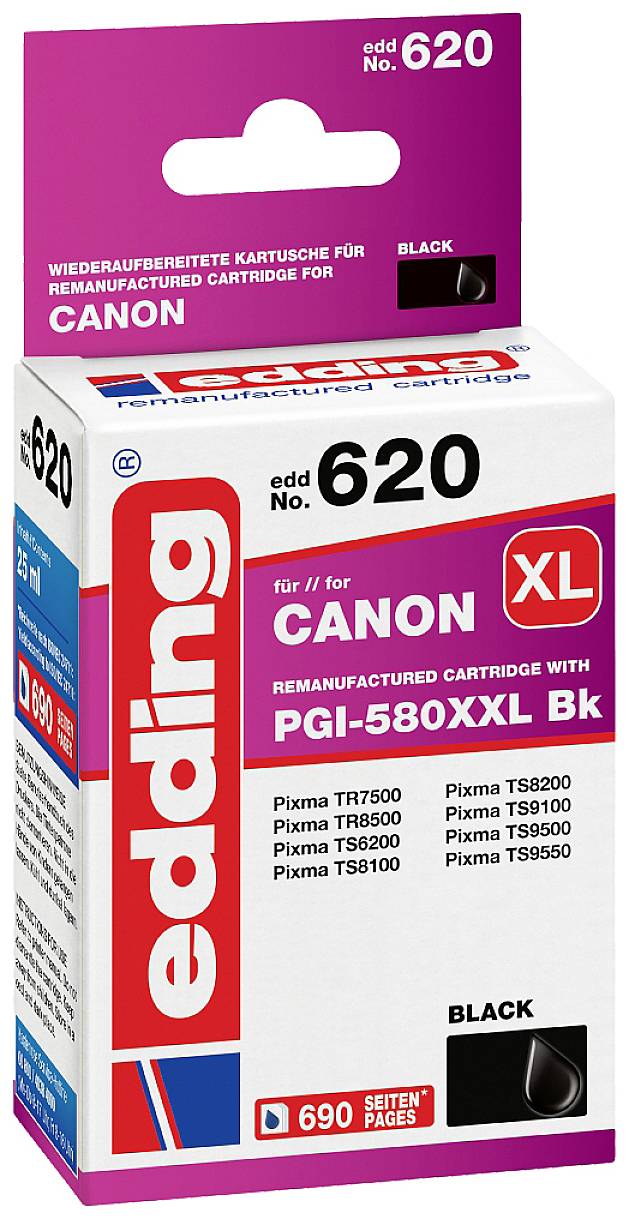 Canon ink cartridge edding 620, black, remanufactured, compatible with various Pixma models, 690-page yield.