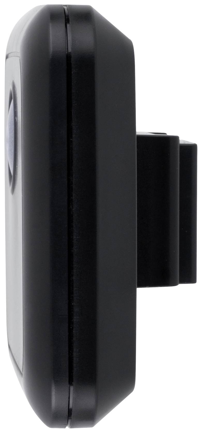 Side view of a black electronic device with a lens-like protrusion and a mount at the back, possibly a camera.