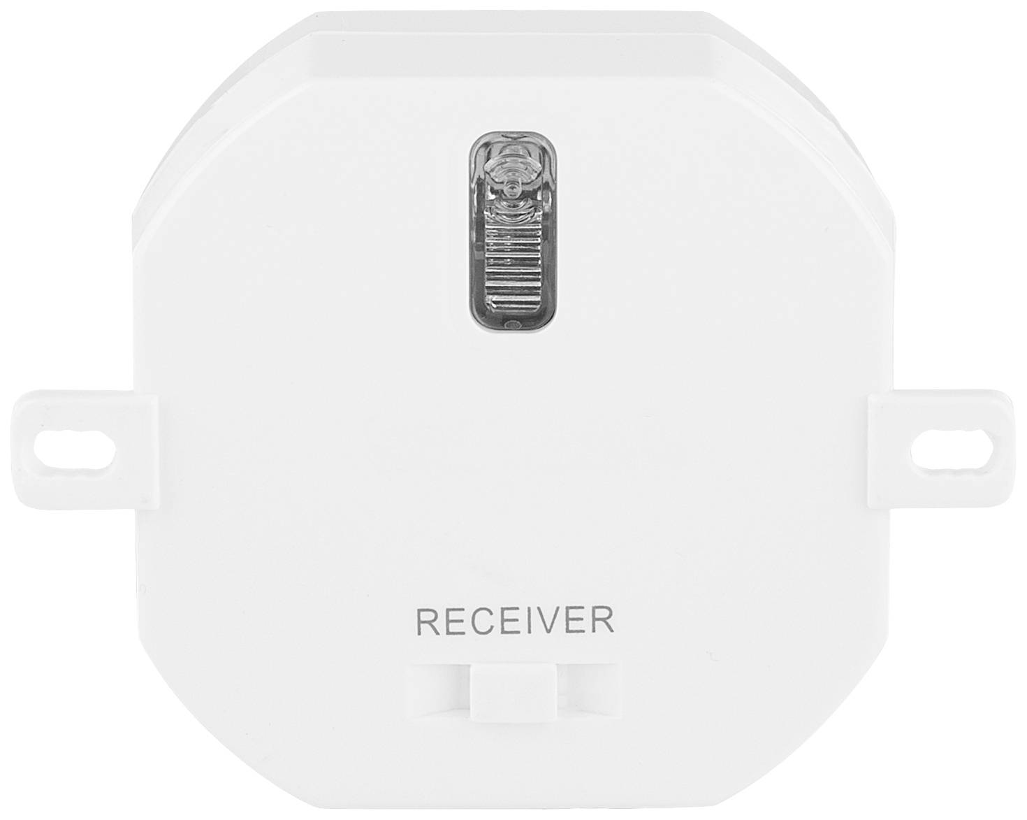 A rectangular, white wireless receiver with 'Receiver' printed on it. A small sensor is located in the upper area.