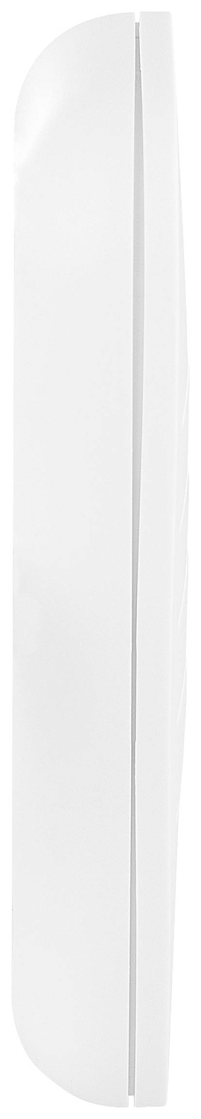 A white, slender device from a side perspective, possibly an electronic household appliance.