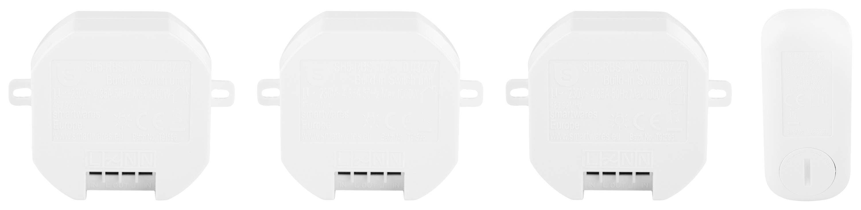 Three white radio modules and a USB dongle in a row. The modules are square, the dongle cylindrical.