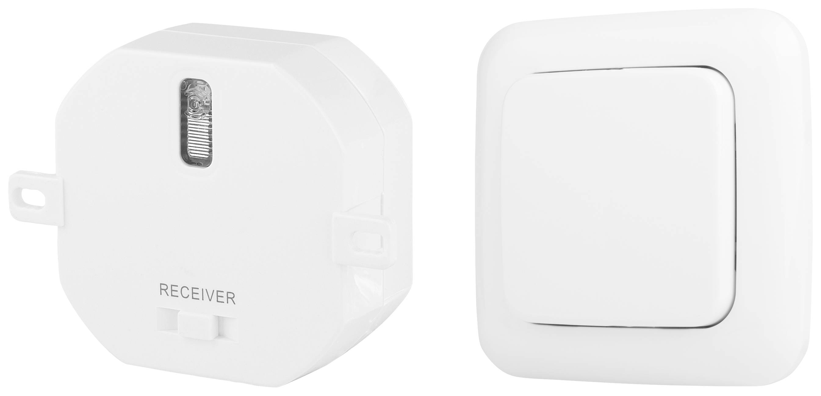A white receiver and a matching wall switch side by side; they are part of a wireless lighting control system.