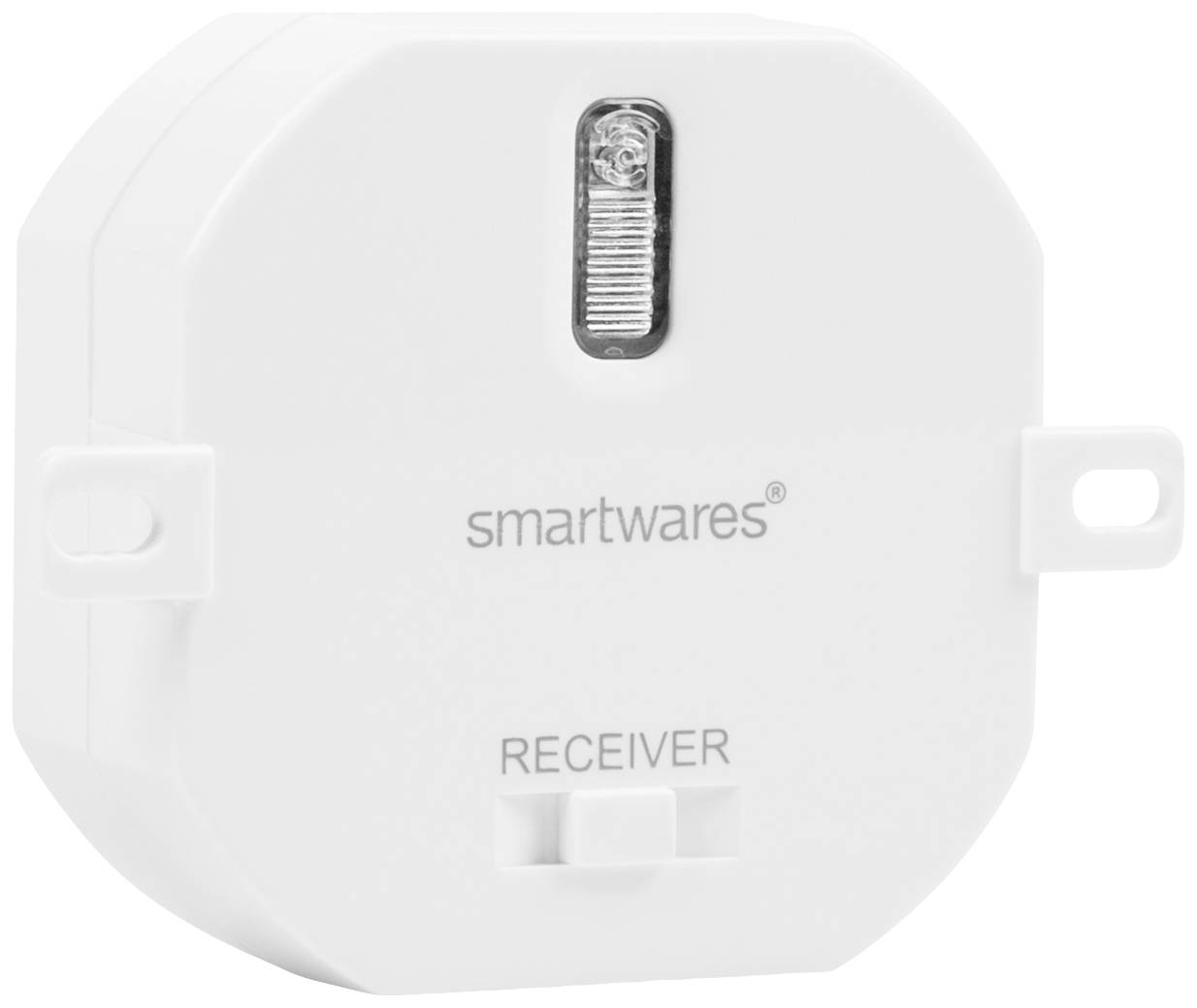 White, rectangular Smartwares receiver with 'RECEIVER' printed underneath. Contains a narrow, vertical button at the top.
